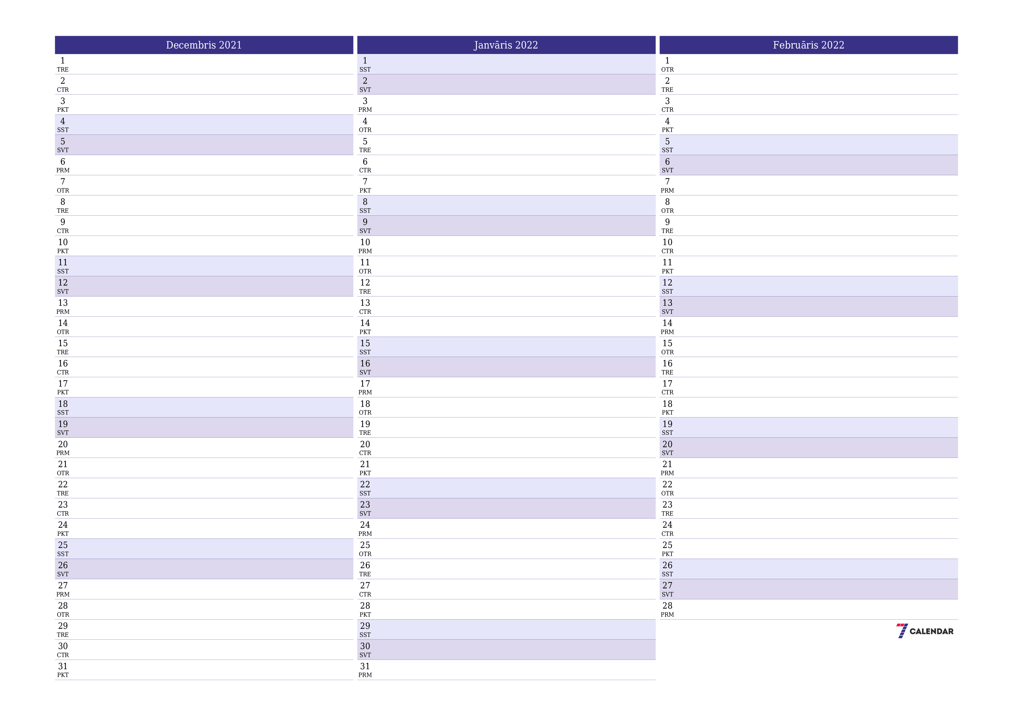 izdrukājams sienas kalendāra veidne bezmaksas horizontāli Mēneša plānotājs kalendārs Decembris (Dec) 2021