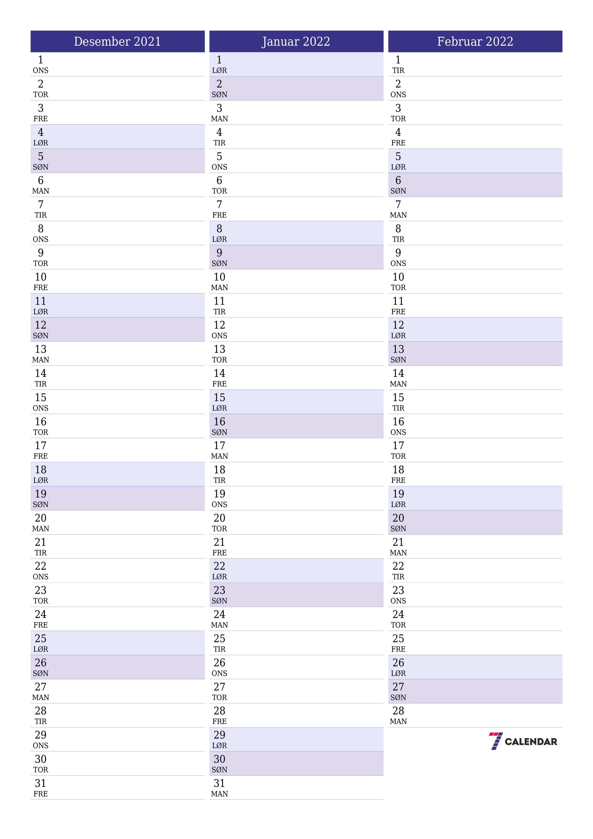 Tom månedlig planlegger for måned Desember 2021 med notater, lagre og skriv ut til PDF PNG Norwegian