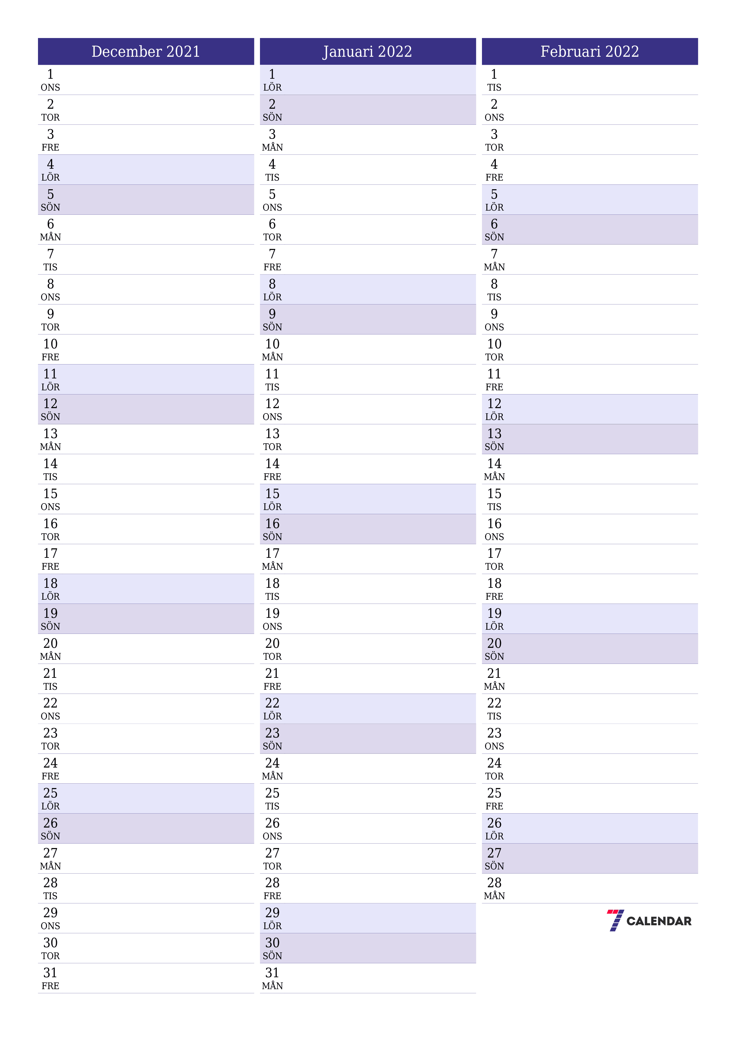 Tom månadsplanerare för månad December 2021 med anteckningar, spara och skriv ut till PDF PNG Swedish