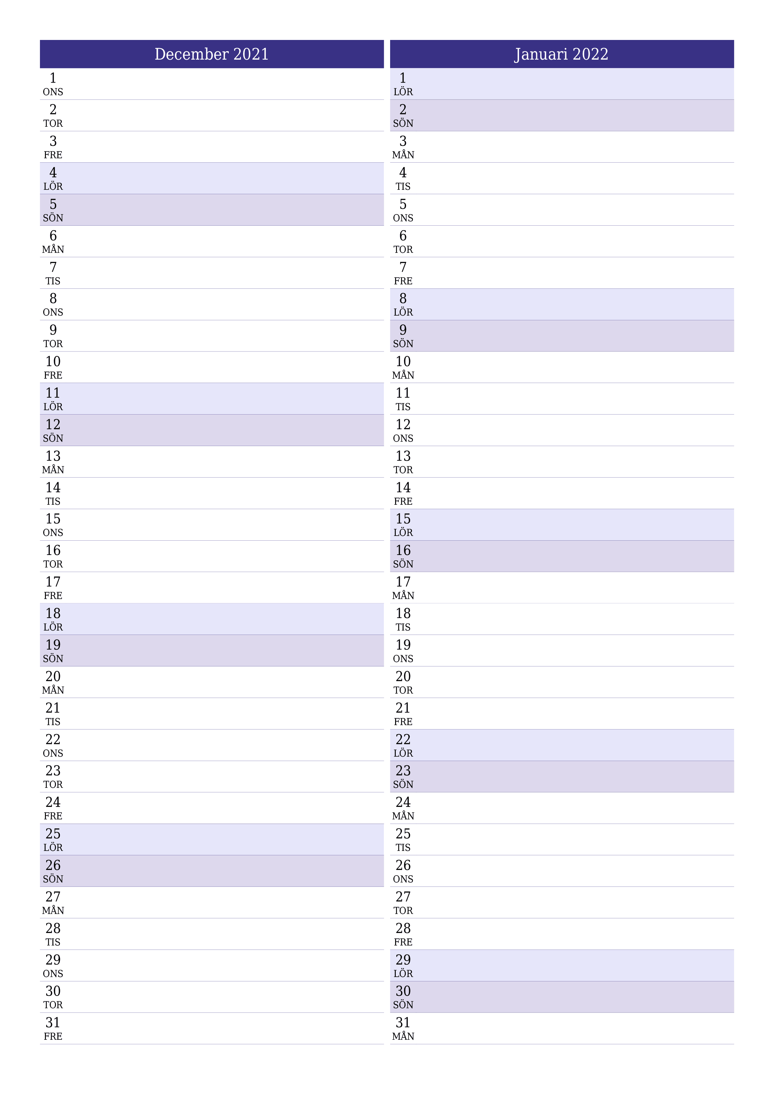 Tom månadsplanerare för månad December 2021 med anteckningar, spara och skriv ut till PDF PNG Swedish