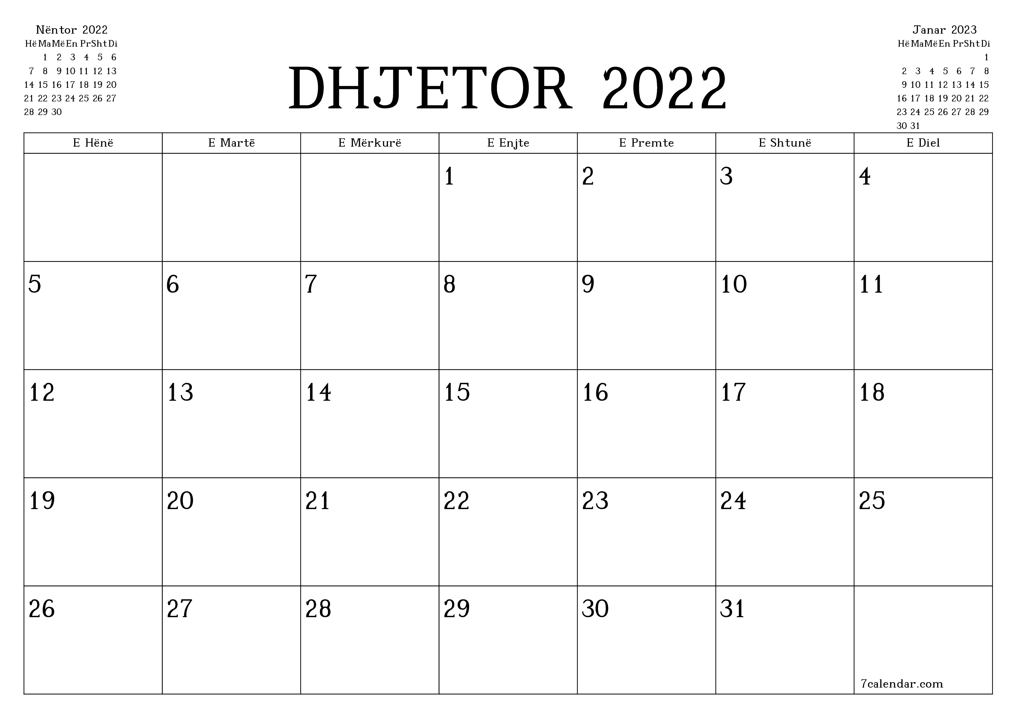  i printueshëm muri shabllon falashorizontale mujore planifikues kalendar Dhjetor (Dhjet) 2022