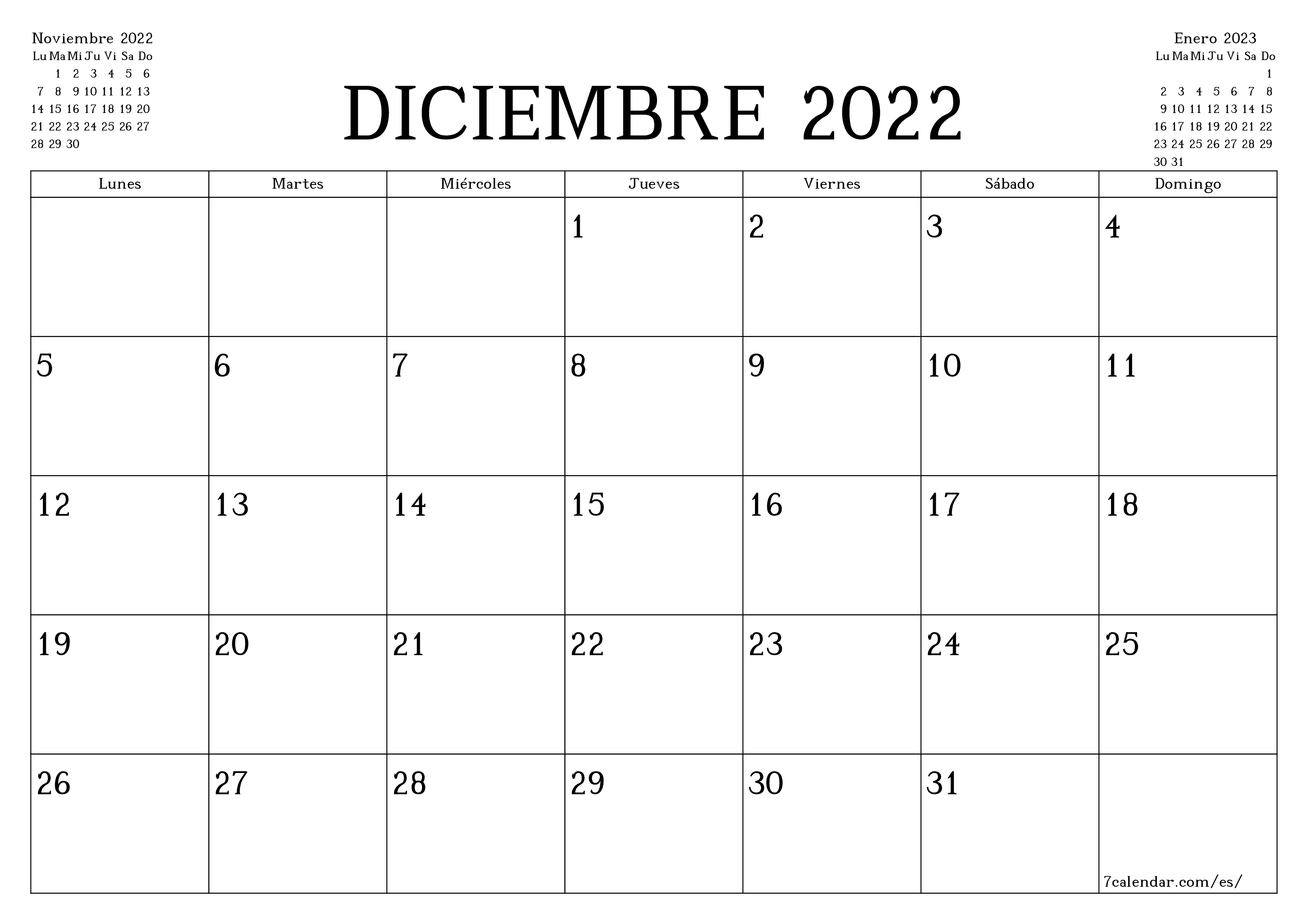Planificador mensual vacío para el mes Diciembre 2022 con notas, guardar e imprimir en PDF PNG Spanish