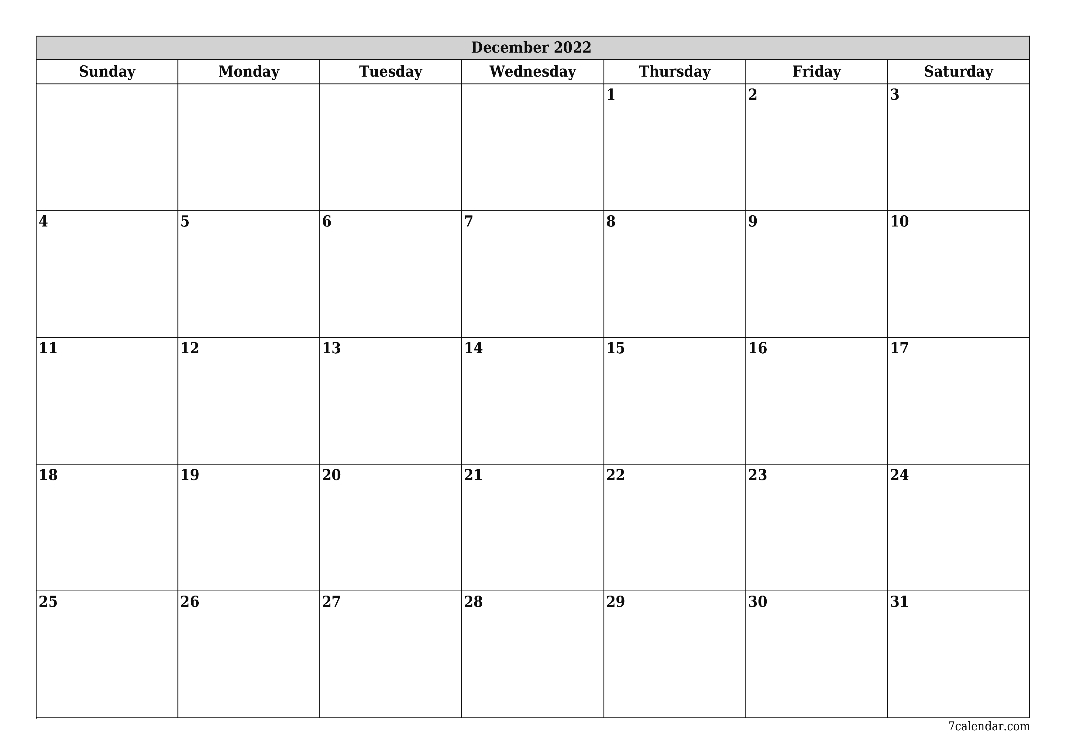Blank monthly printable calendar and planner for month December 2022 with notes save and print to PDF PNG English