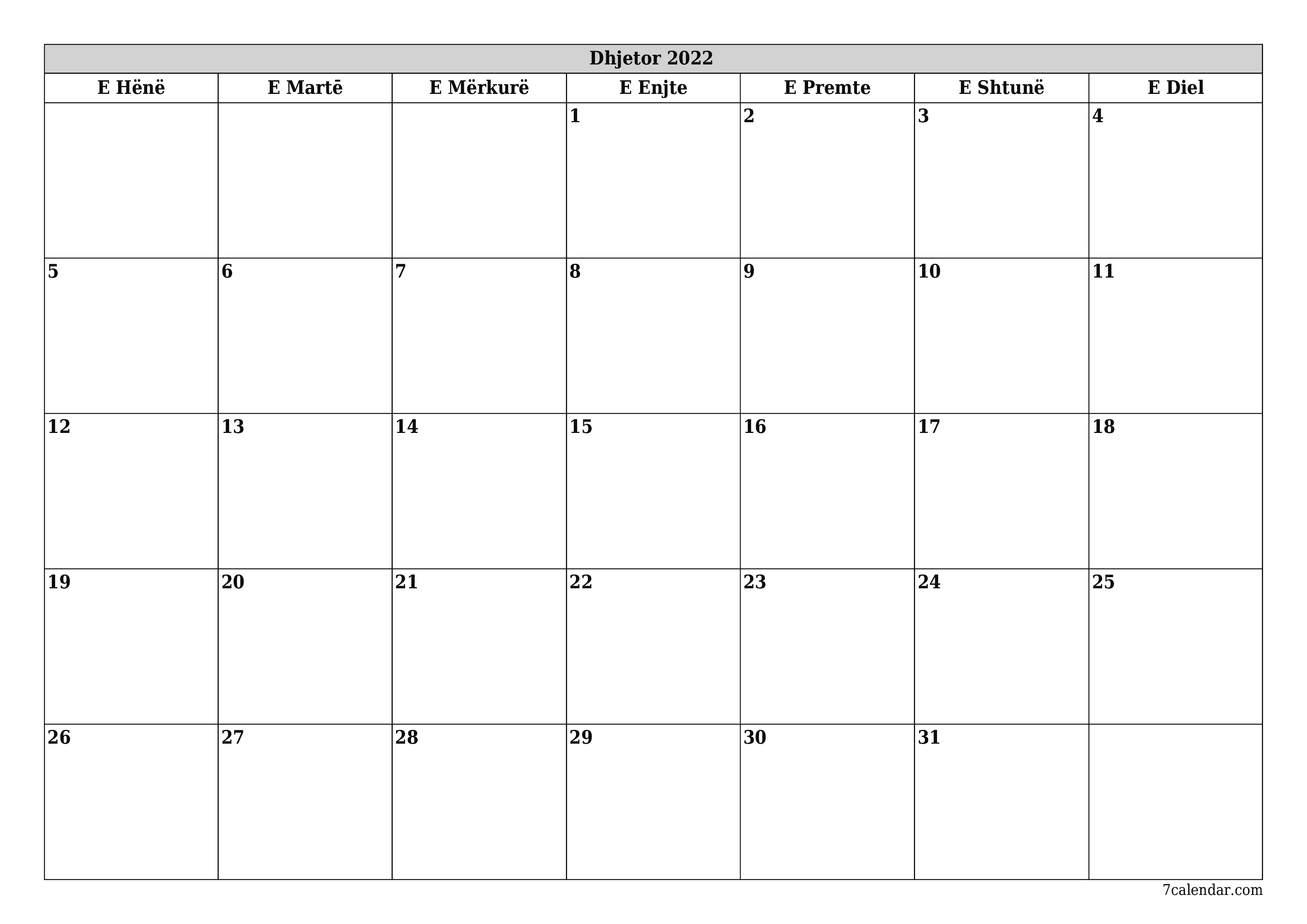 Planifikuesi i zbrazët i kalendarit mujor për muajin Dhjetor 2022 me shënime të ruajtura dhe të printuara në PDF PNG Albanian