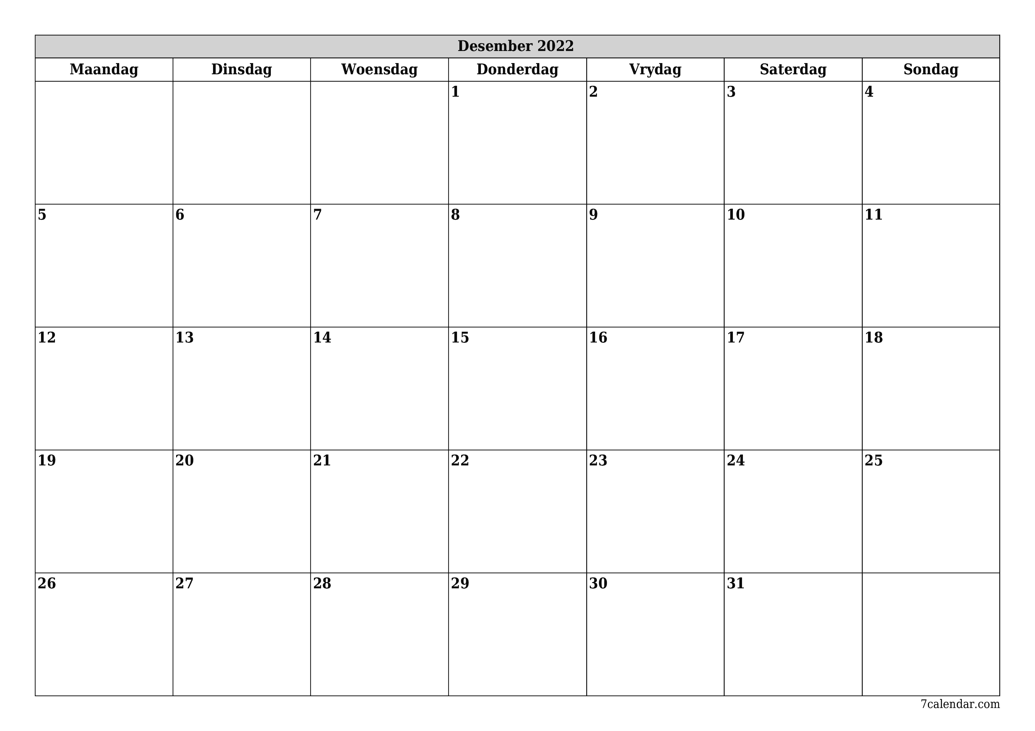 Leë maandelikse drukbare kalender en beplanner vir maand Desember 2022 met notas stoor en druk na PDF PNG Afrikaans