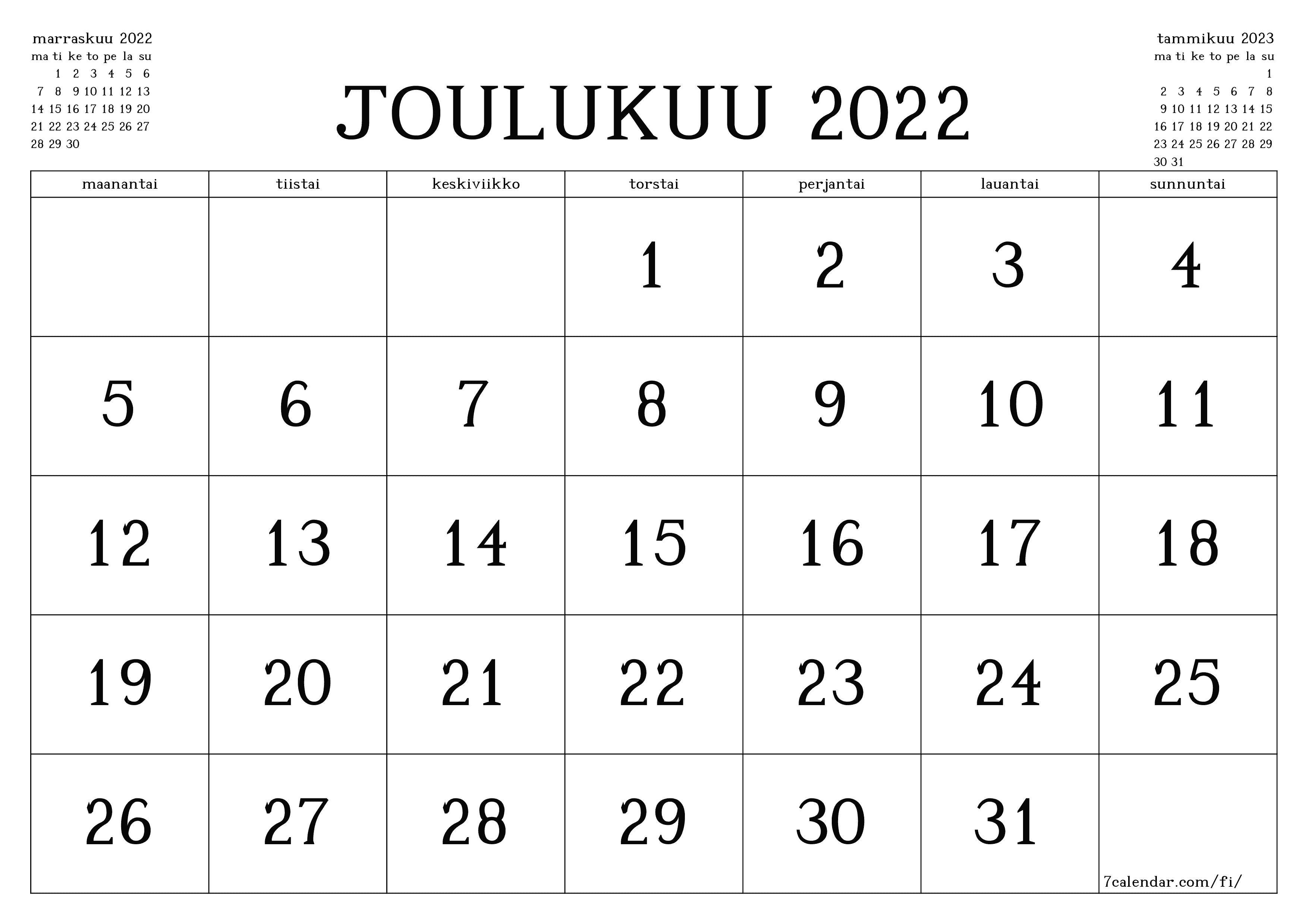 Tyhjennä kuukausittainen suunnittelija kuukaudelle Joulukuu 2022 muistiinpanoilla, tallenna ja tulosta PDF-muotoon PNG Finnish