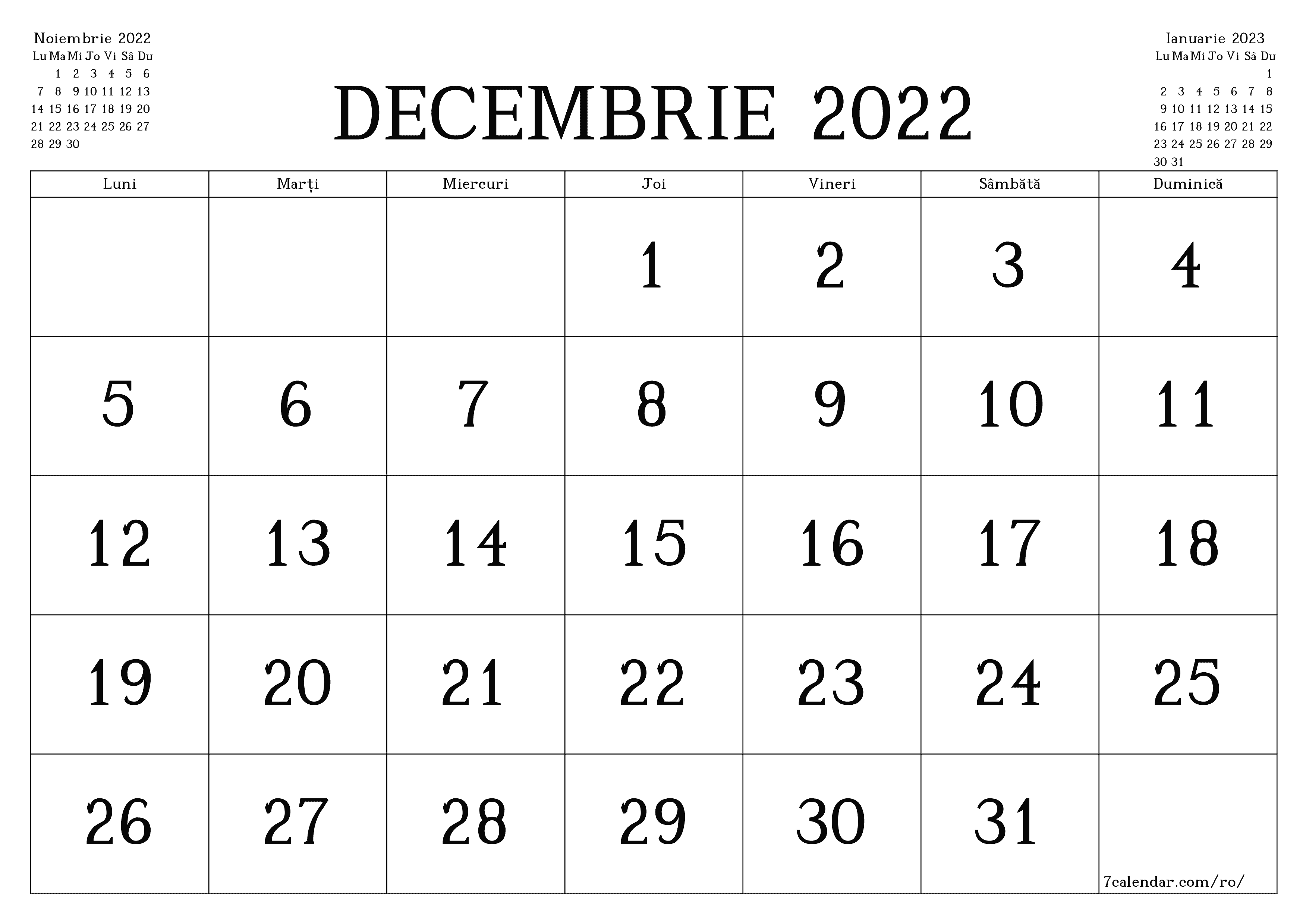 Planificator lunar gol pentru luna Decembrie 2022 cu note, salvați și tipăriți în PDF PNG Romanian - 7calendar.com