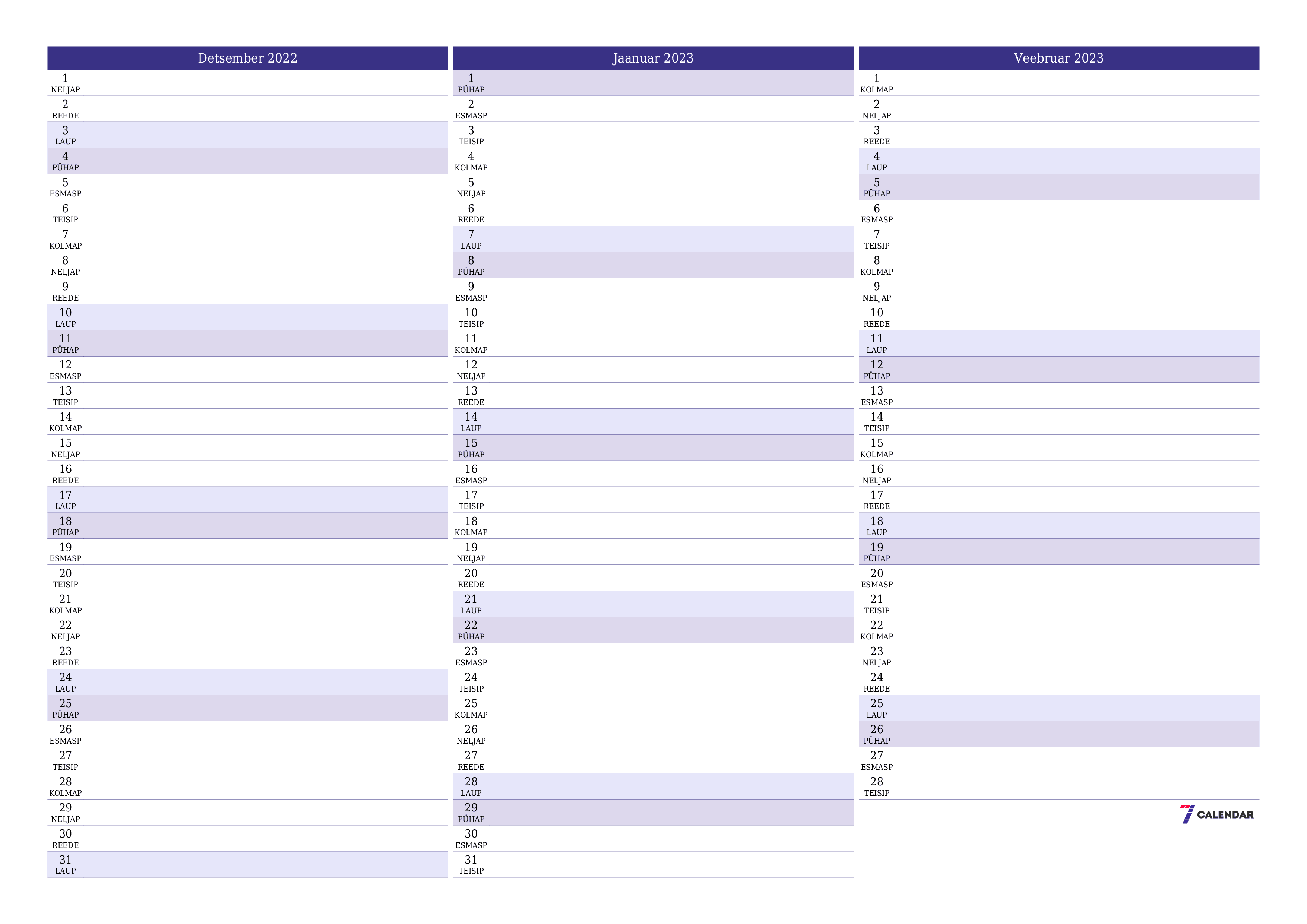 prinditav seina kalendri mall tasuta horisontaalne Igakuine planeerija kalender Detsember (Dets) 2022