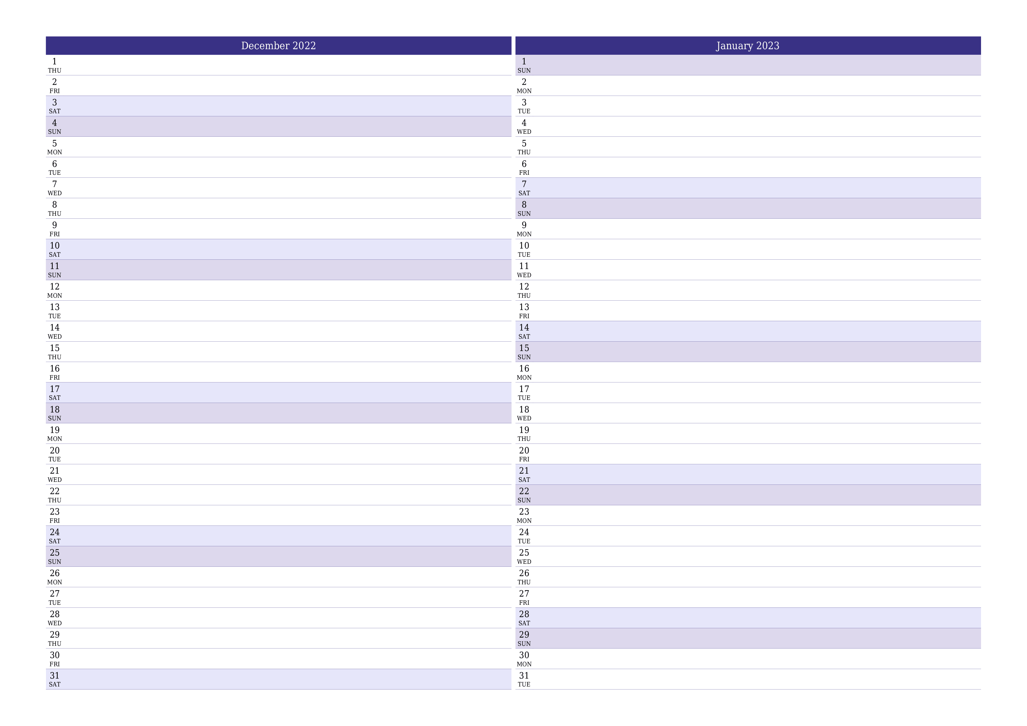 printable wall template free horizontal Monthly planner calendar December (Dec) 2022
