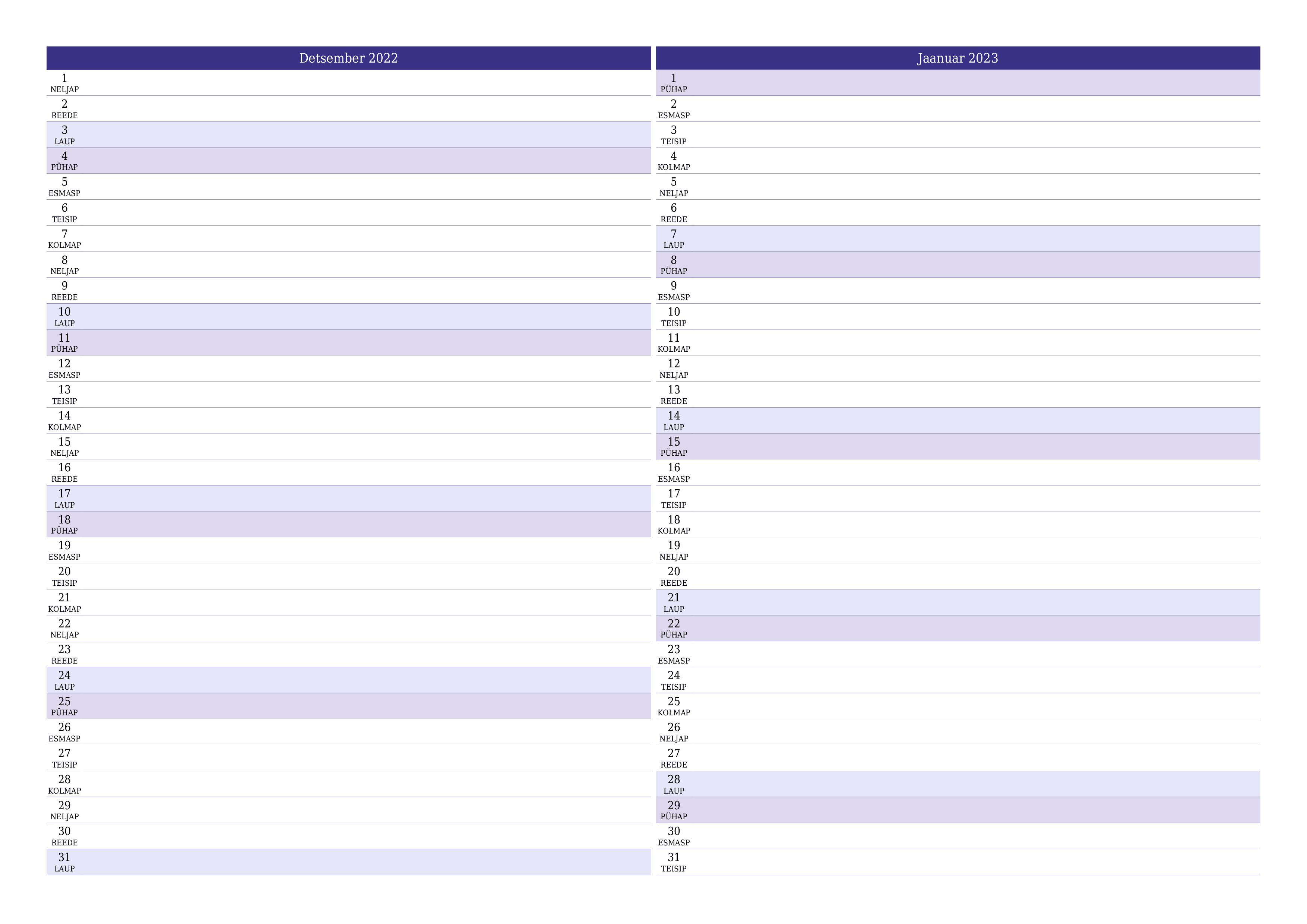 Tühjendage kuu Detsember 2022 kuuplaneerija märkmetega, salvestage ja printige PDF-i PNG Estonian