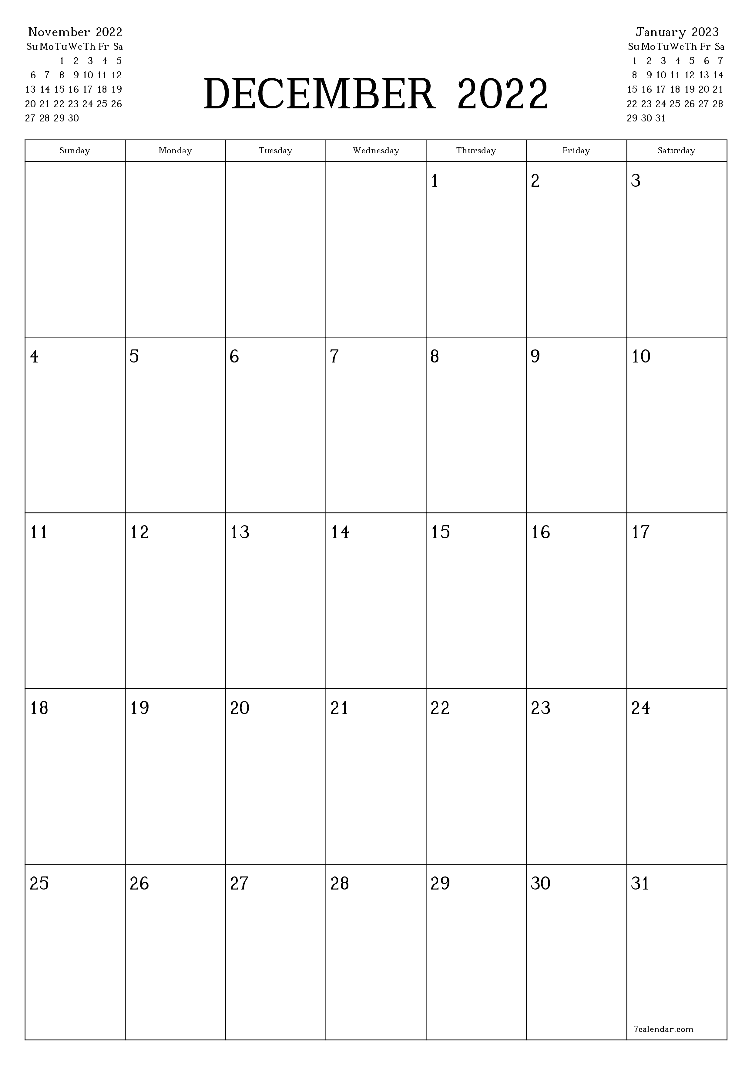 Blank monthly calendar planner for month December 2022 with notes save and print to PDF PNG English - 7calendar.com
