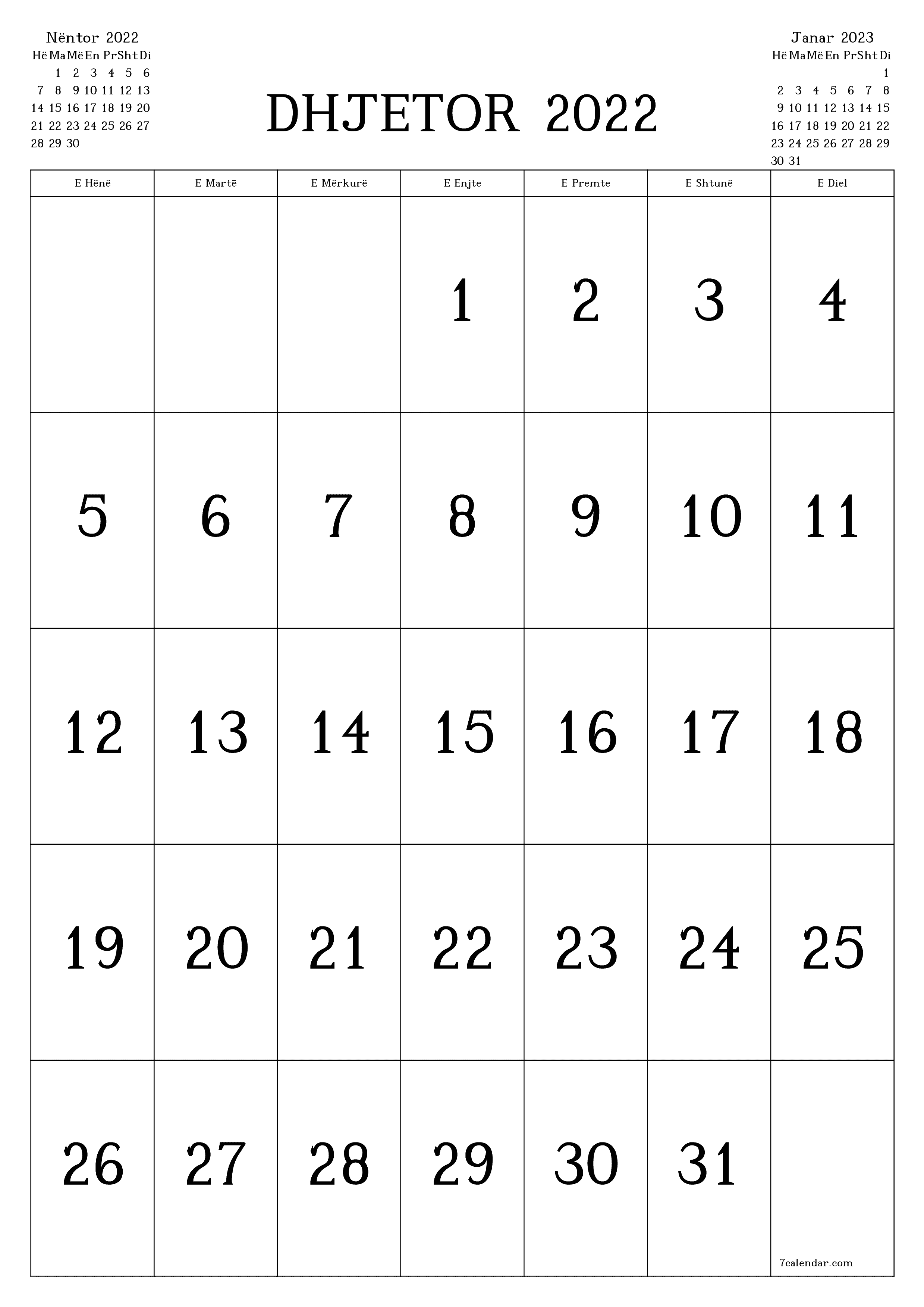 Planifikuesi i zbrazët i kalendarit mujor për muajin Dhjetor 2022 me shënime të ruajtura dhe të printuara në PDF PNG Albanian - 7calendar.com