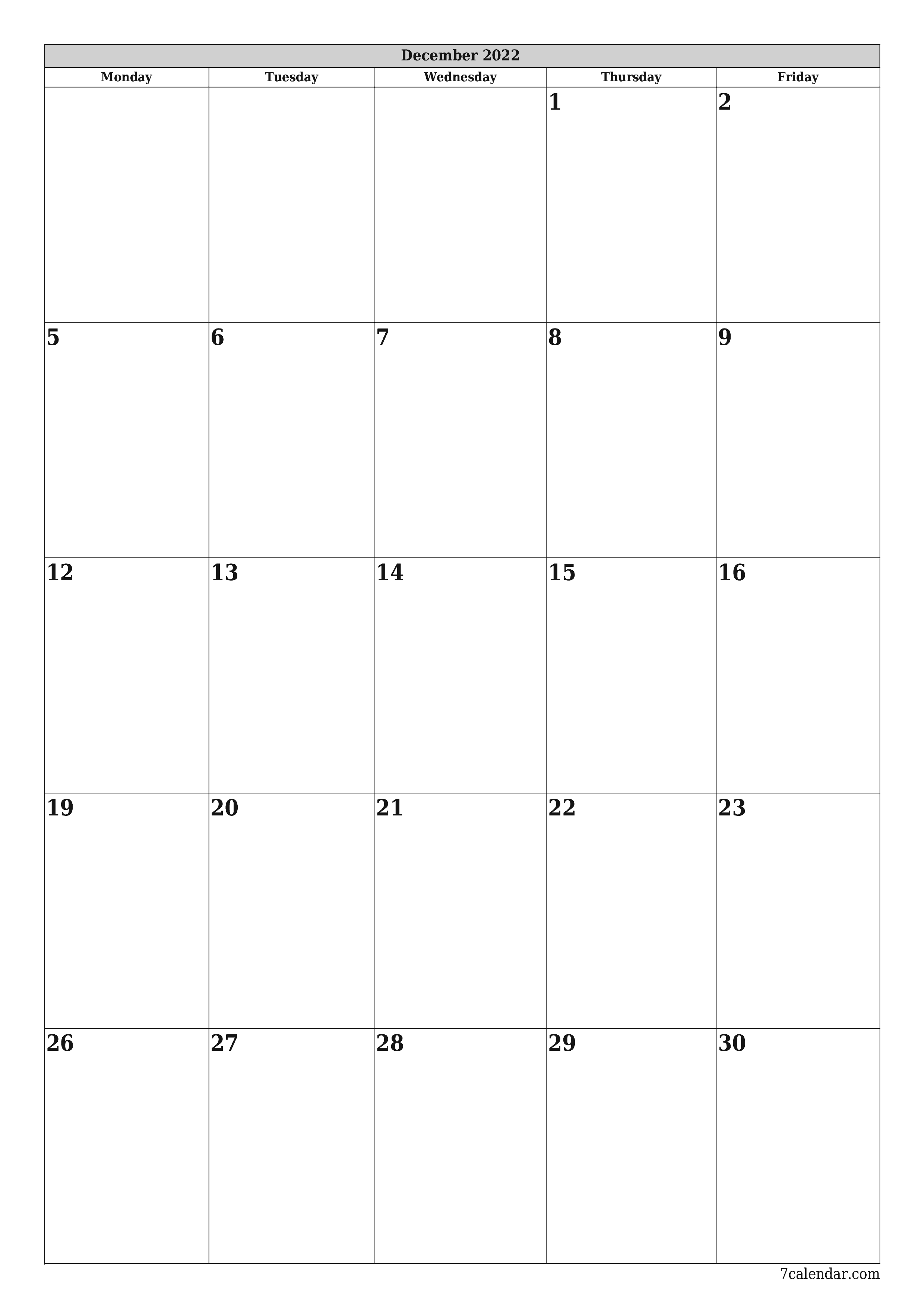 Blank calendar December 2022