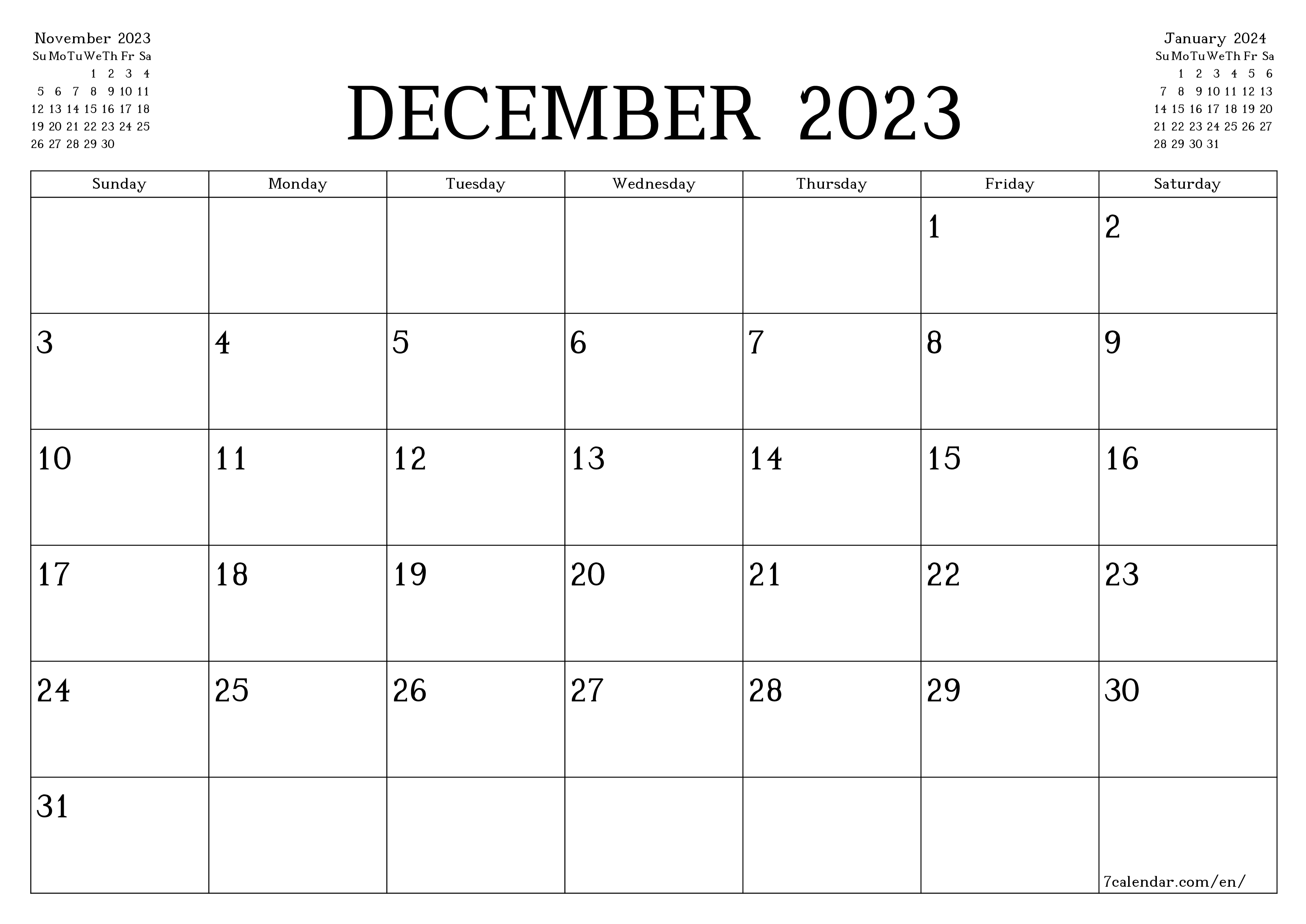 Blank monthly printable calendar and planner for month December 2023 with notes save and print to PDF PNG English - 7calendar.com
