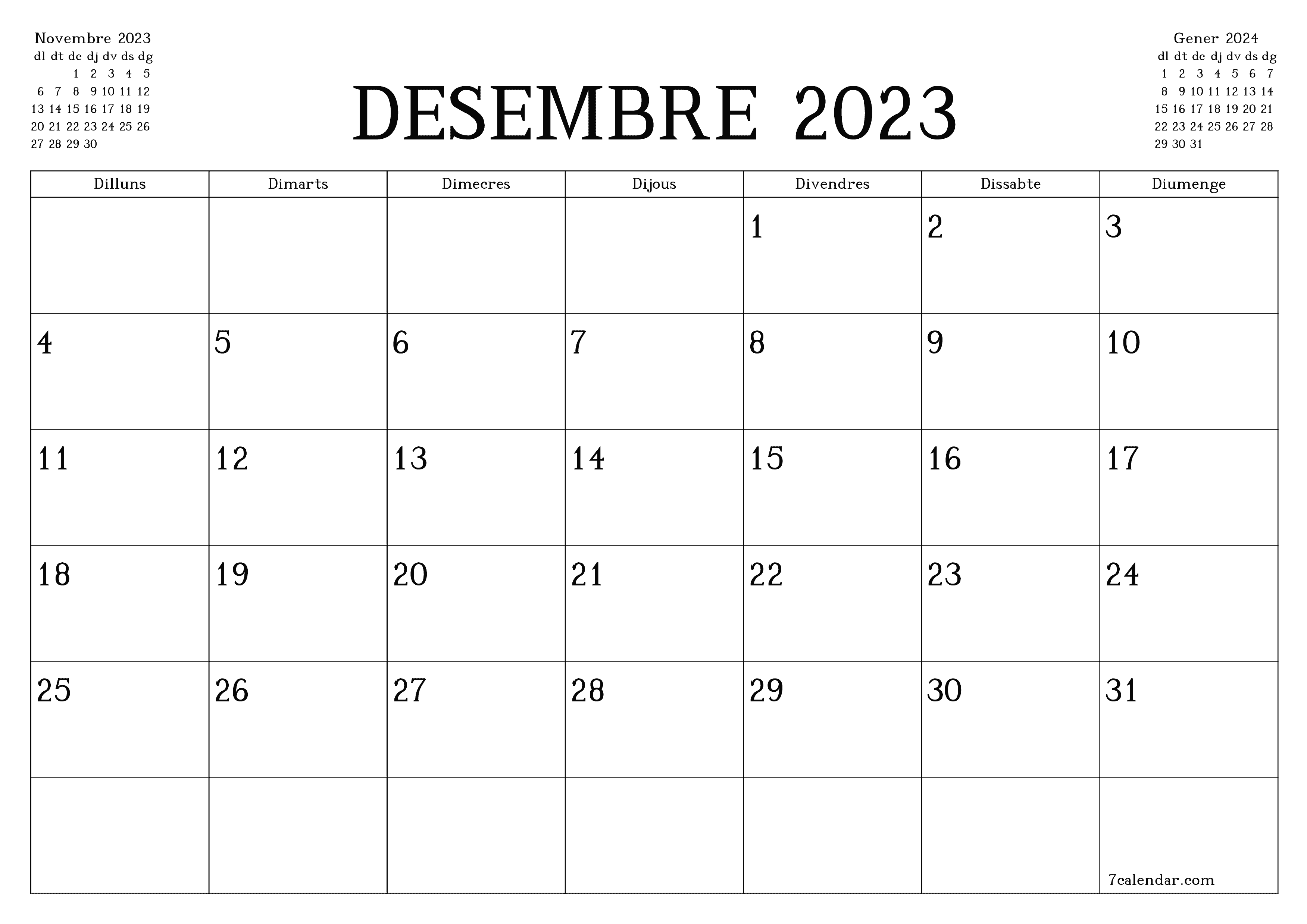 Planificador mensual buit del mes Desembre 2023 amb notes, deseu-lo i imprimiu-lo en format PDF PNG Catalan