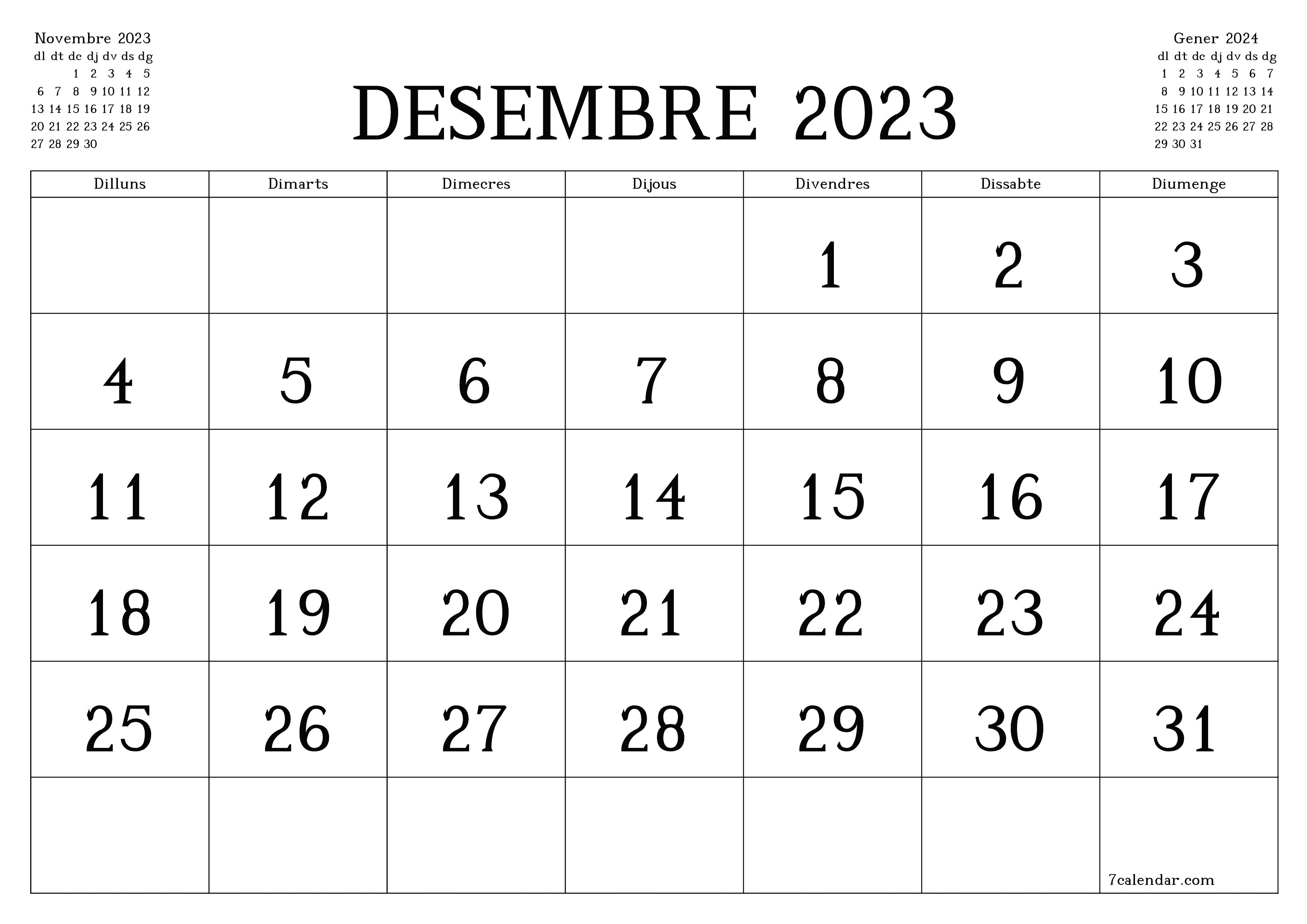 Planificador mensual buit del mes Desembre 2023 amb notes, deseu-lo i imprimiu-lo en format PDF PNG Catalan