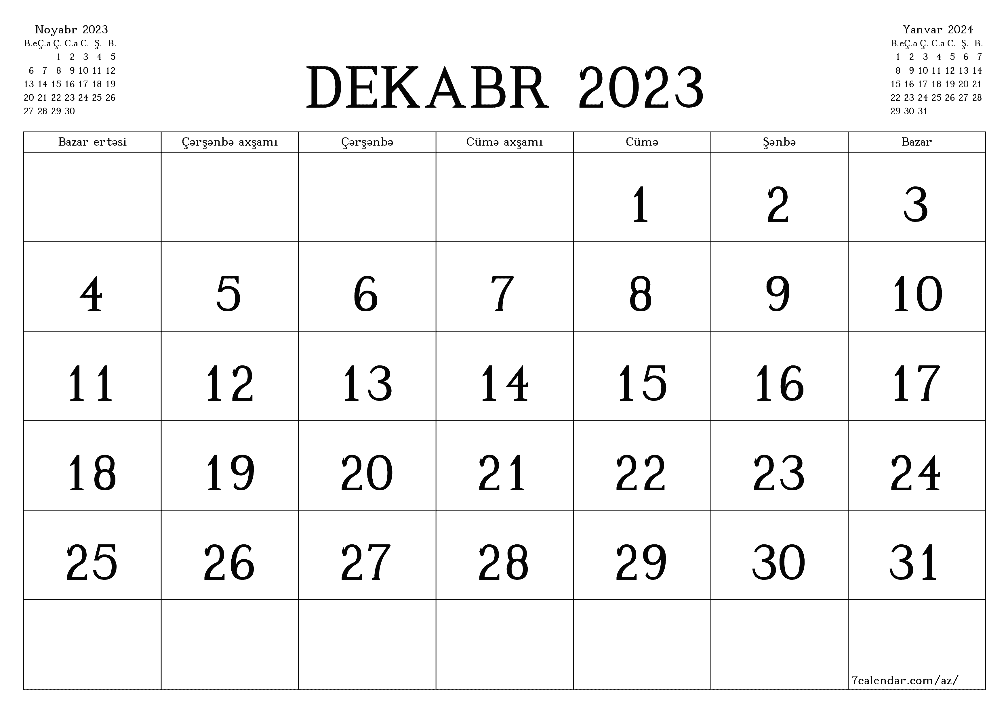 Dekabr 2023 ayı üçün qeydlər ilə boş aylıq planlayıcı, qeyd edin və PDF-ə yazdırın PNG Azerbaijani