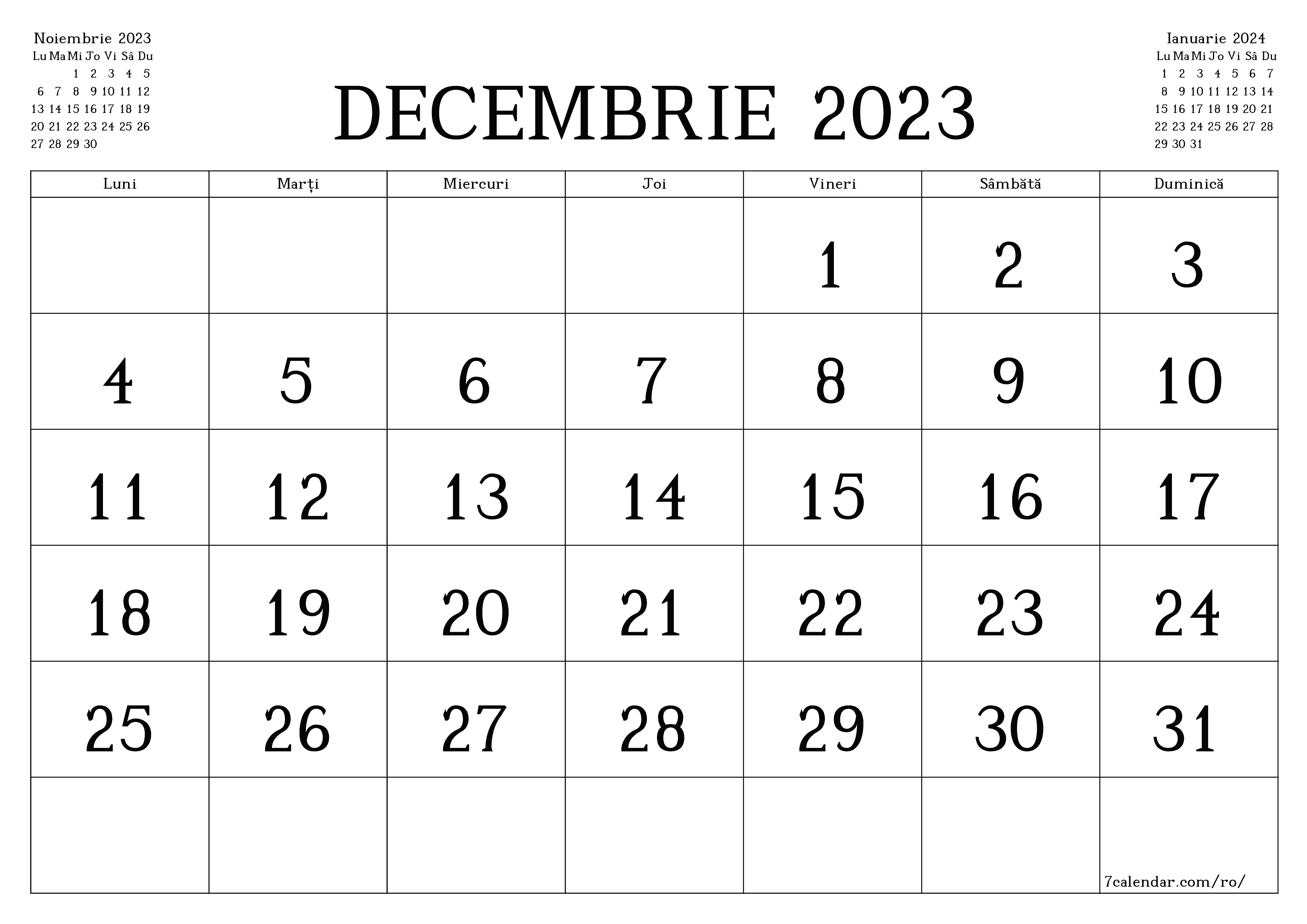 Planificator lunar gol pentru luna Decembrie 2023 cu note, salvați și tipăriți în PDF PNG Romanian