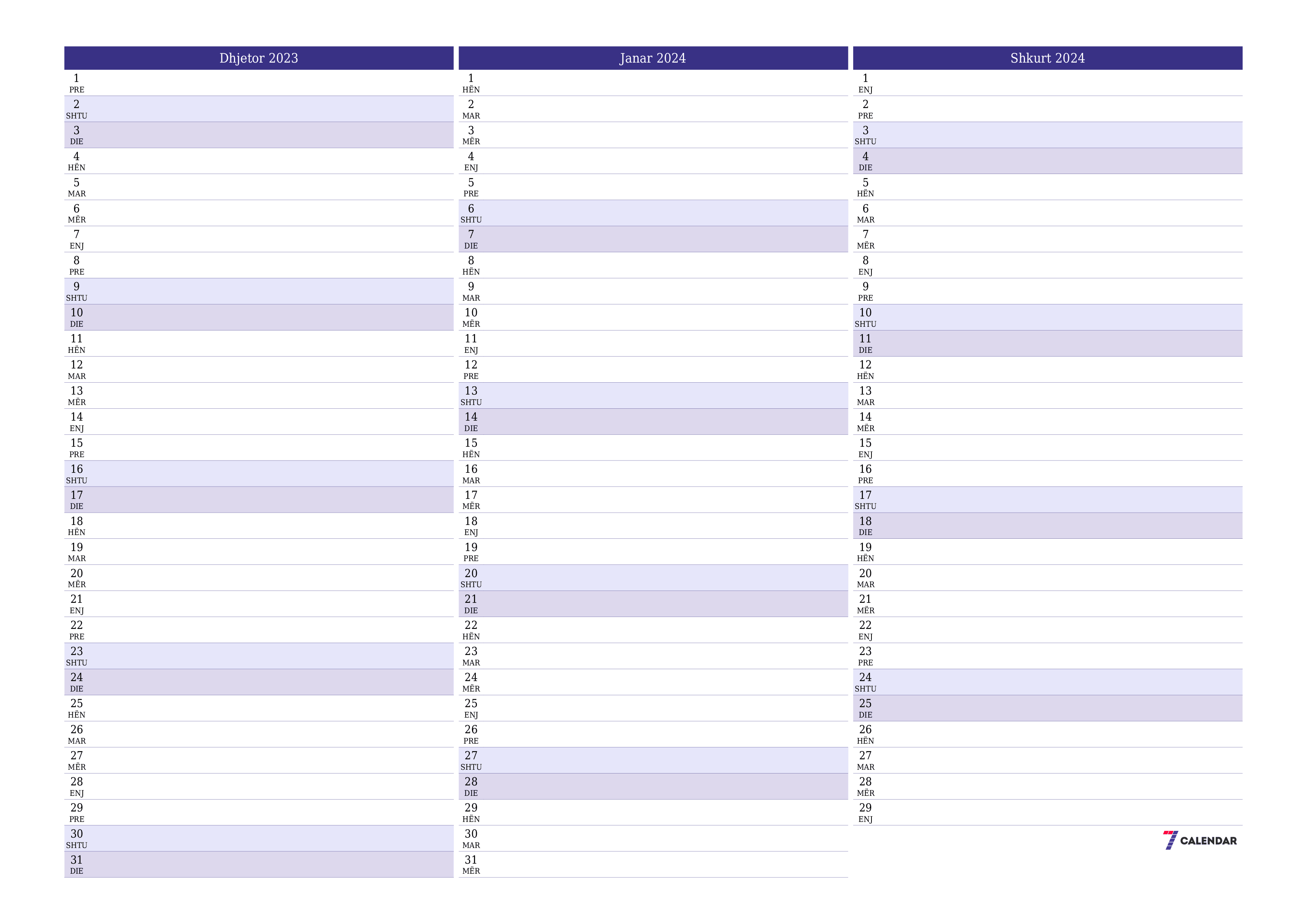 Planifikuesi i zbrazët i kalendarit mujor për muajin Dhjetor 2023 me shënime të ruajtura dhe të printuara në PDF PNG Albanian