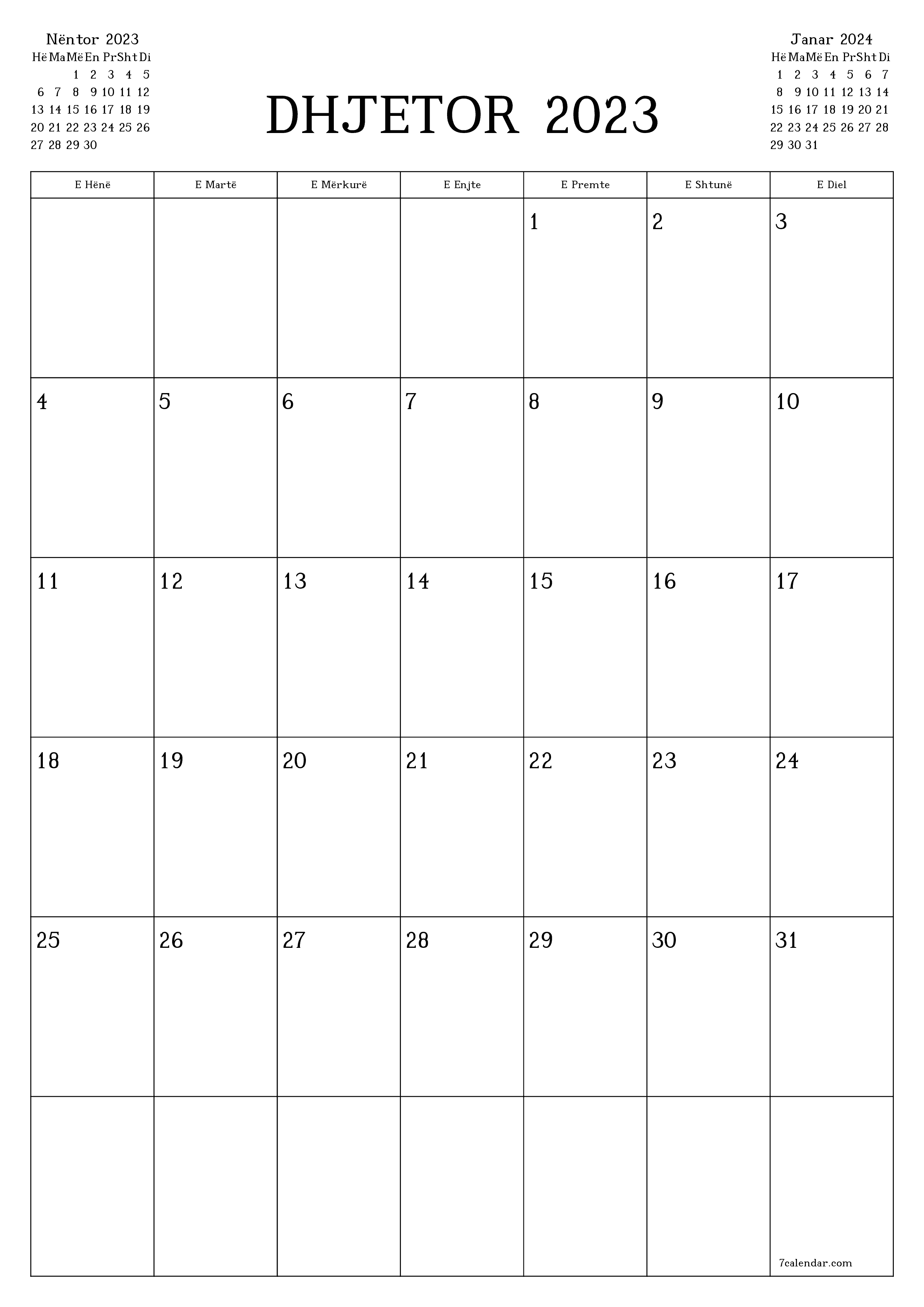 Planifikuesi i zbrazët i kalendarit mujor për muajin Dhjetor 2023 me shënime të ruajtura dhe të printuara në PDF PNG Albanian