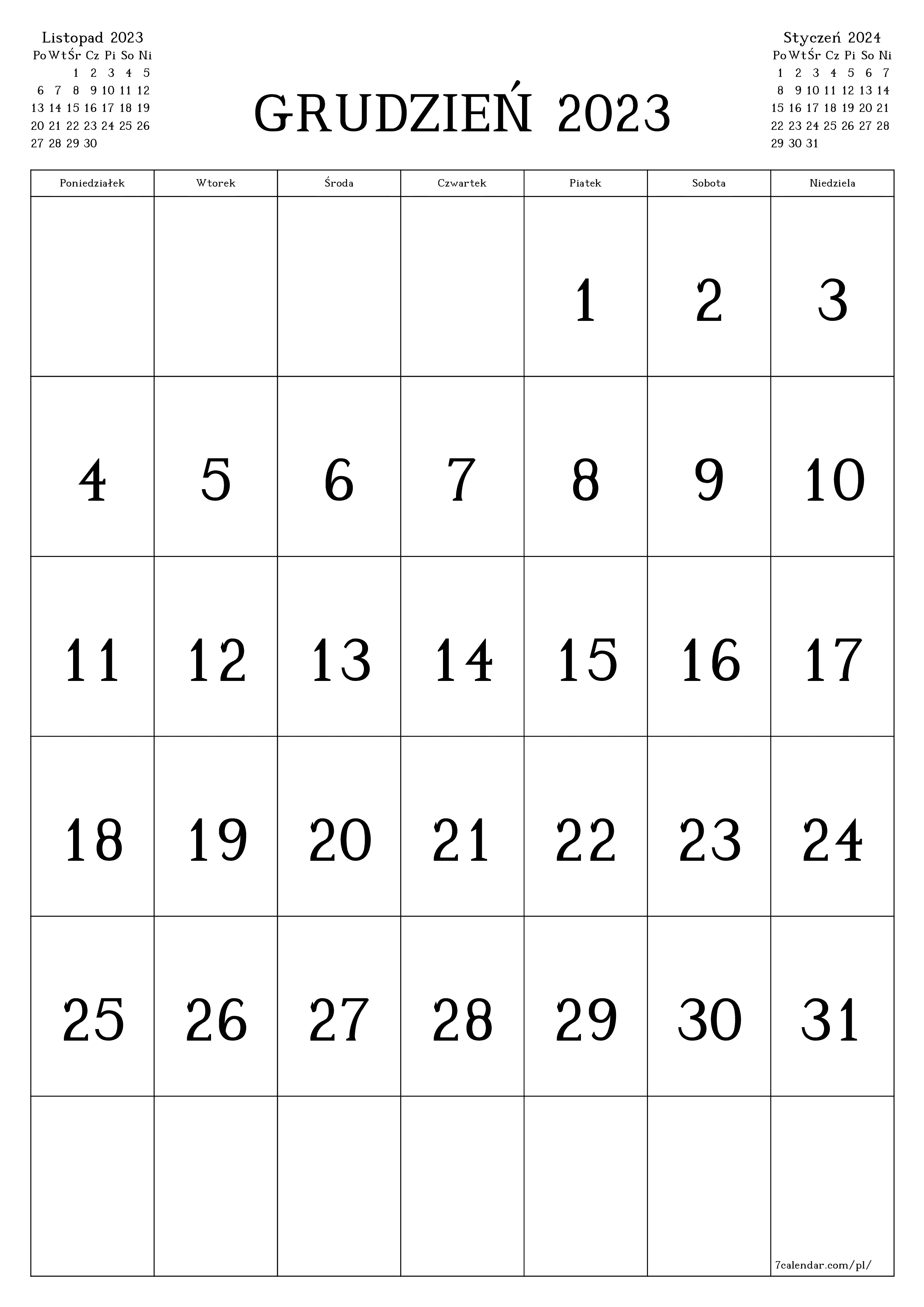  do druku ścienny szablon a darmowy pionowy Miesięczny kalendarz Grudzień (Gru) 2023