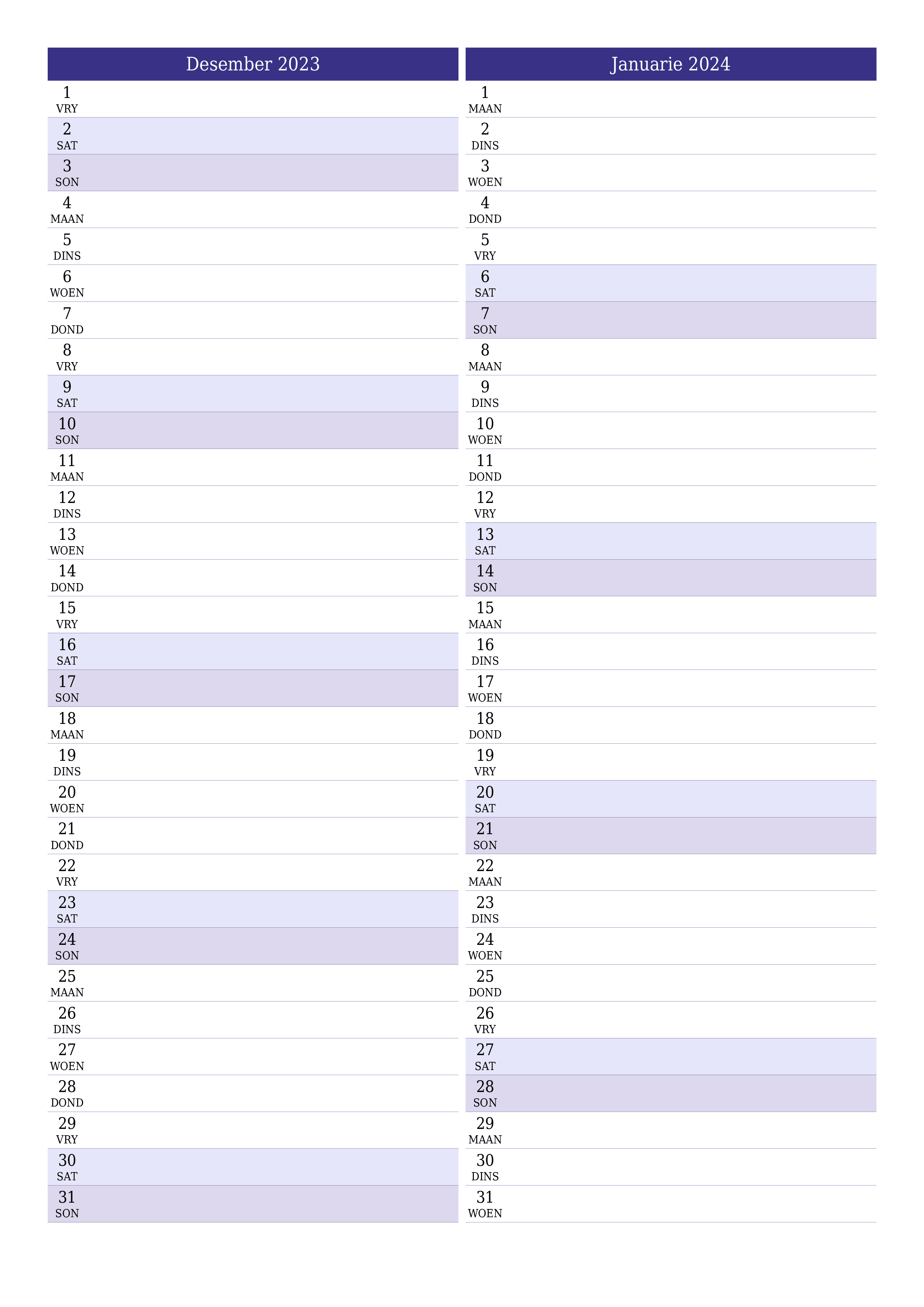 Leë maandelikse drukbare kalender en beplanner vir maand Desember 2023 met notas stoor en druk na PDF PNG Afrikaans