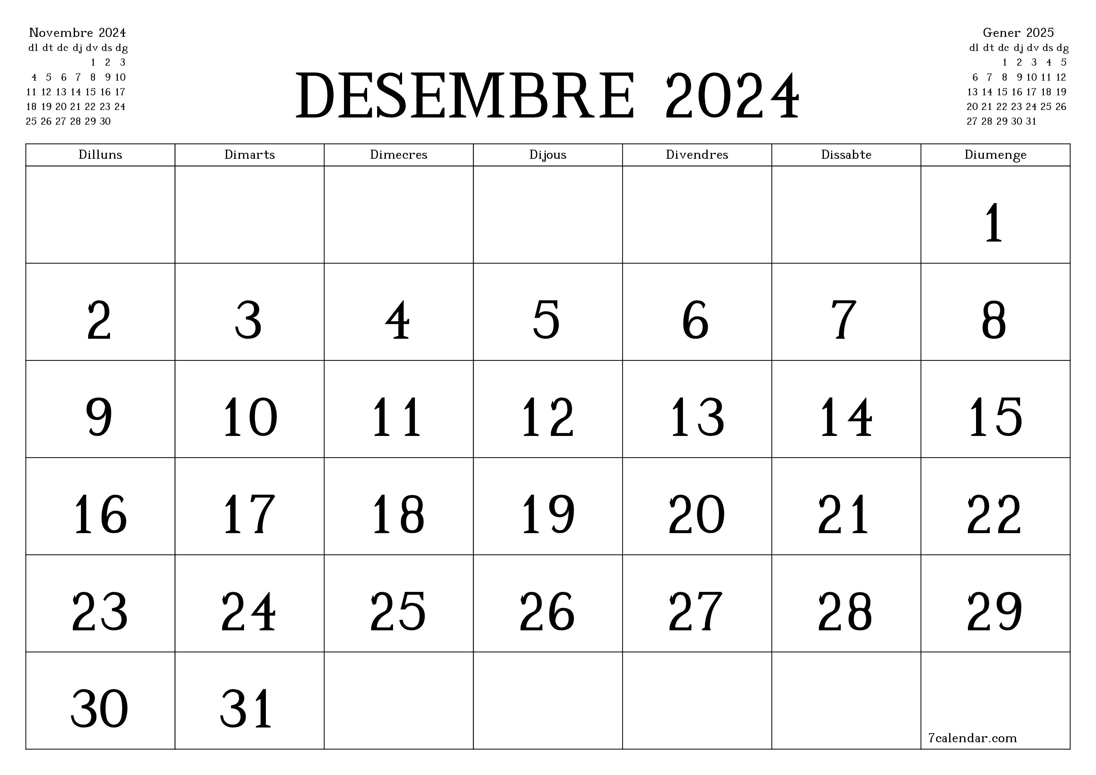 Planificador mensual buit del mes Desembre 2024 amb notes, deseu-lo i imprimiu-lo en format PDF PNG Catalan
