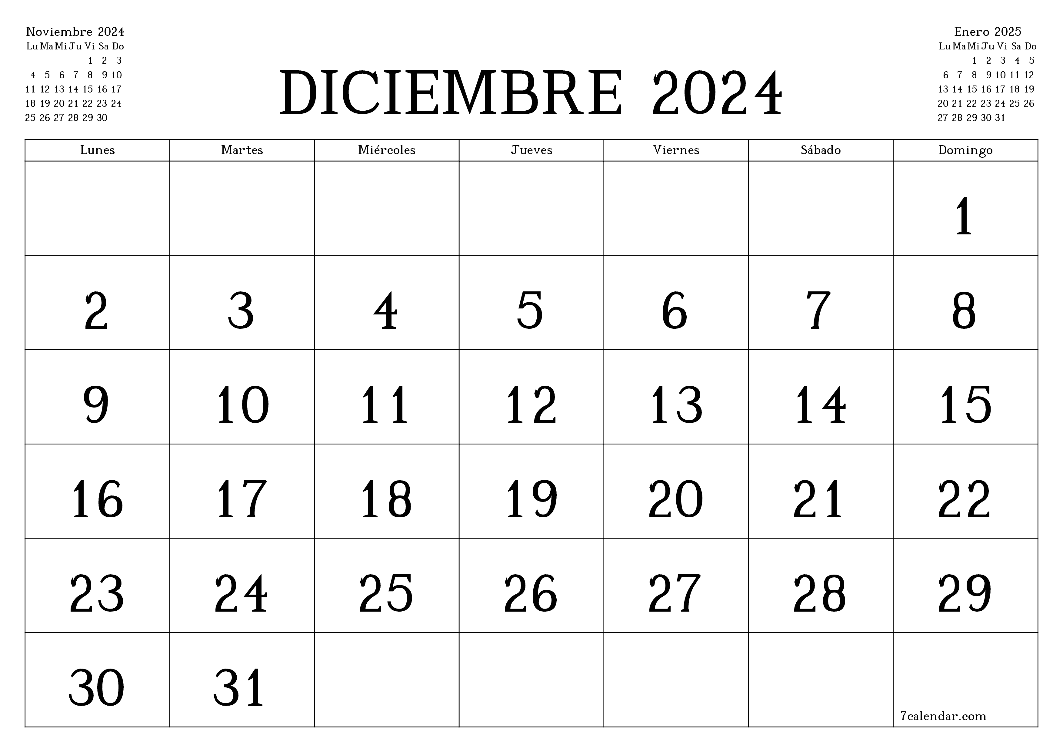 Planificador mensual vacío para el mes Diciembre 2024 con notas, guardar e imprimir en PDF PNG Spanish