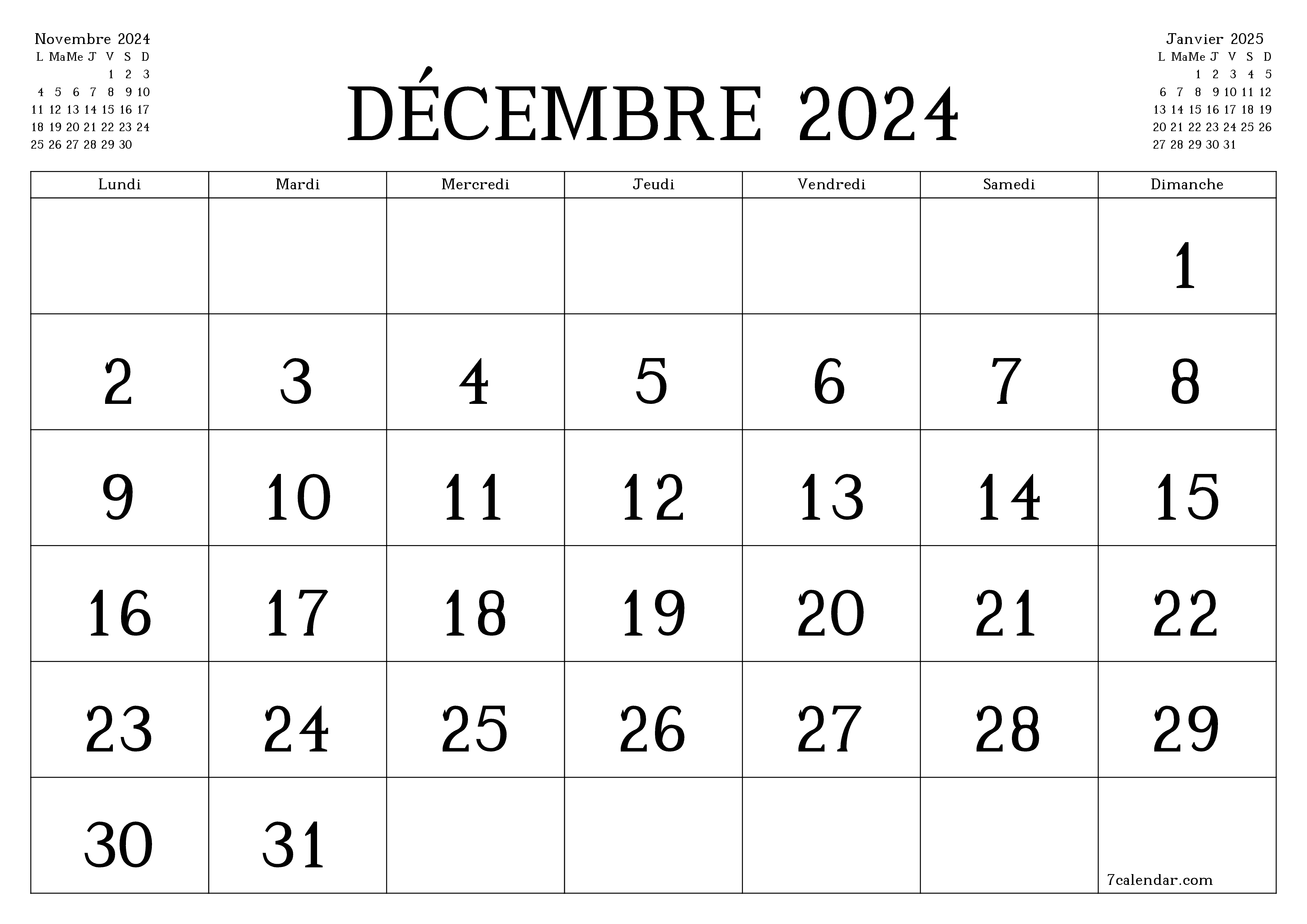 Agenda mensuel vide pour le mois Décembre 2024 avec notes, enregistrez et imprimez au format PDF PNG French