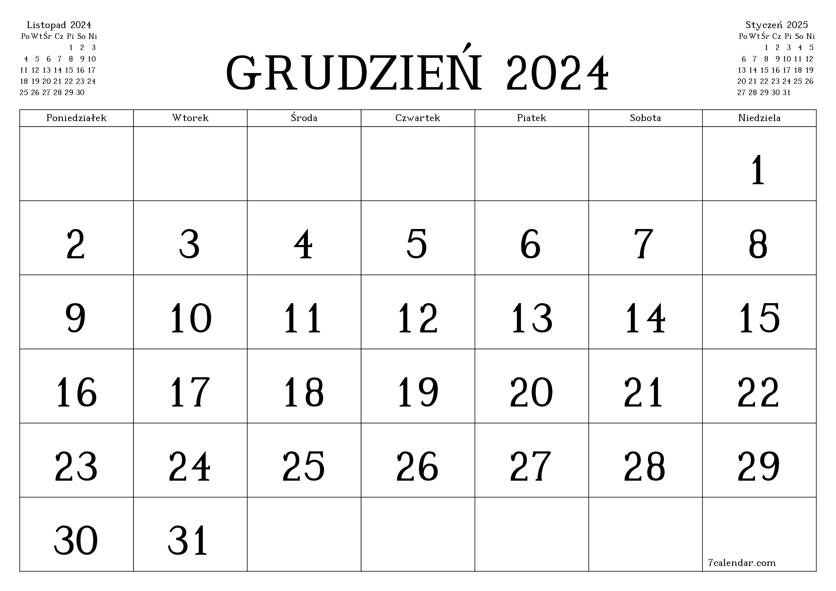 Opróżnij miesięczny planer na miesiąc Grudzień 2024 z notatkami, zapisz i wydrukuj w formacie PDF PNG Polish