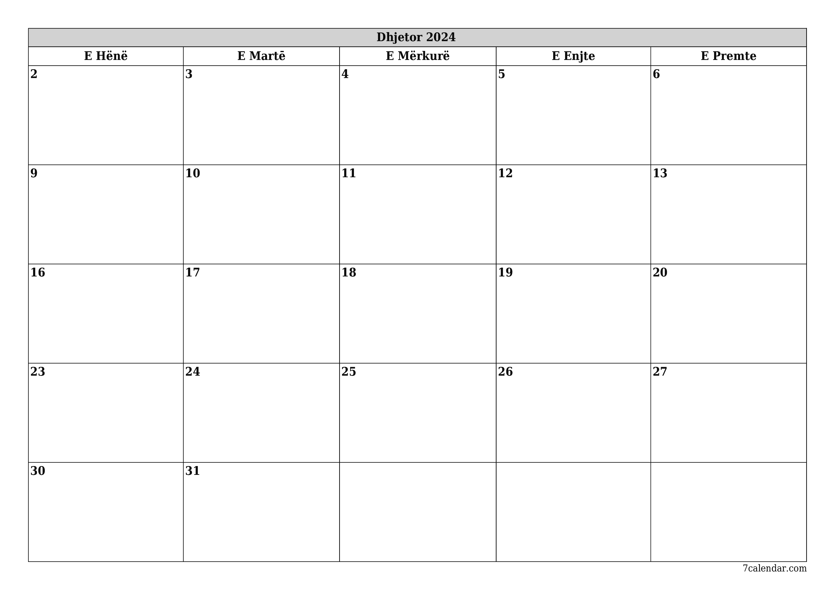 Planifikuesi i zbrazët i kalendarit mujor për muajin Dhjetor 2024 me shënime të ruajtura dhe të printuara në PDF PNG Albanian