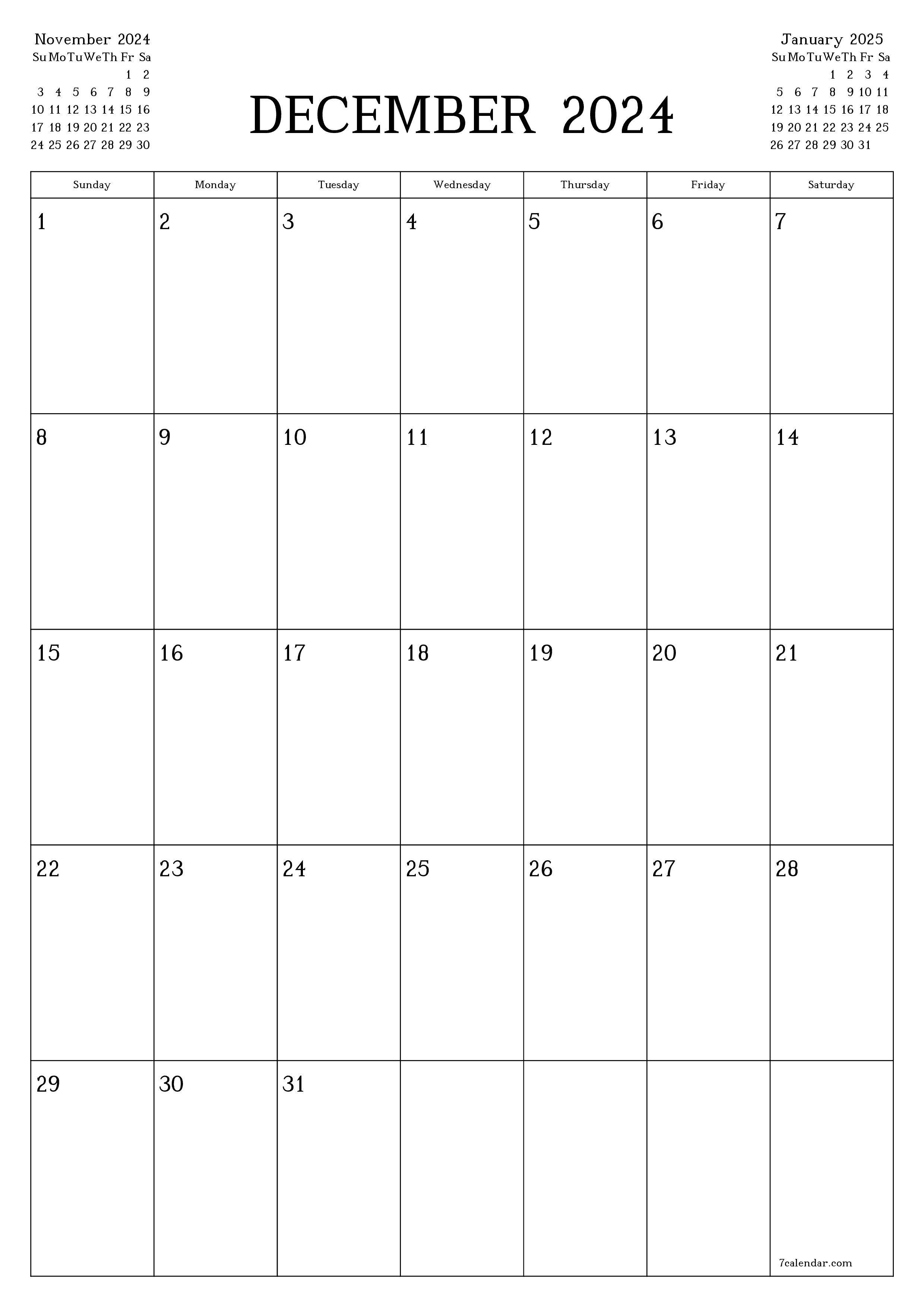 Blank monthly printable calendar and planner for month December 2024 with notes save and print to PDF PNG English