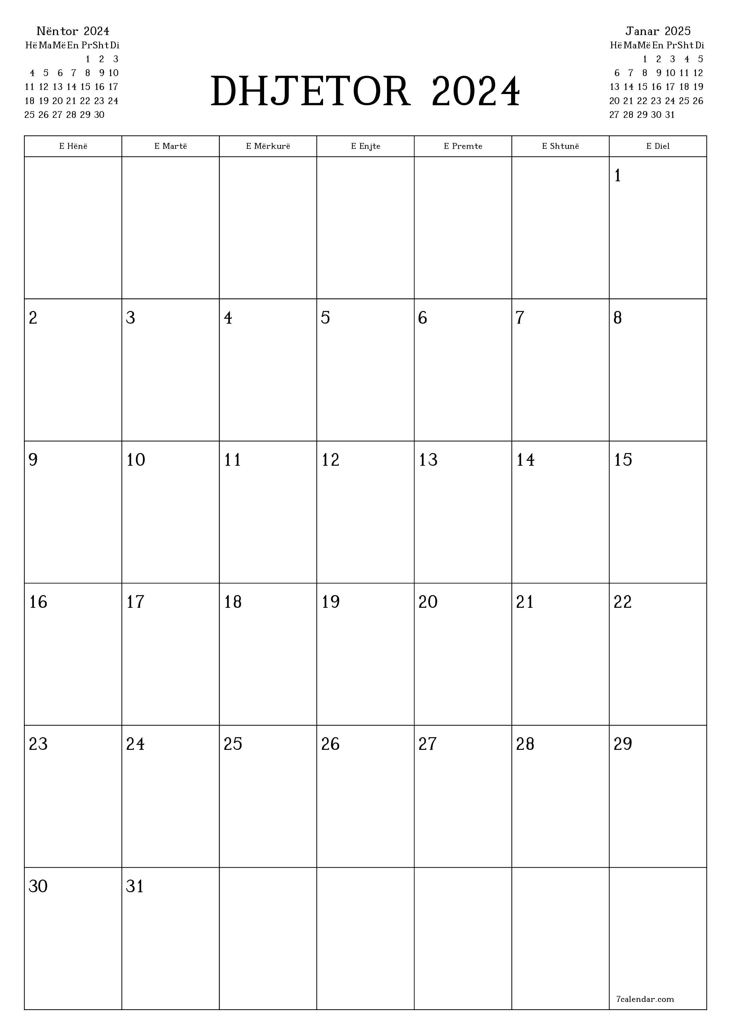 Planifikuesi i zbrazët i kalendarit mujor për muajin Dhjetor 2024 me shënime të ruajtura dhe të printuara në PDF PNG Albanian