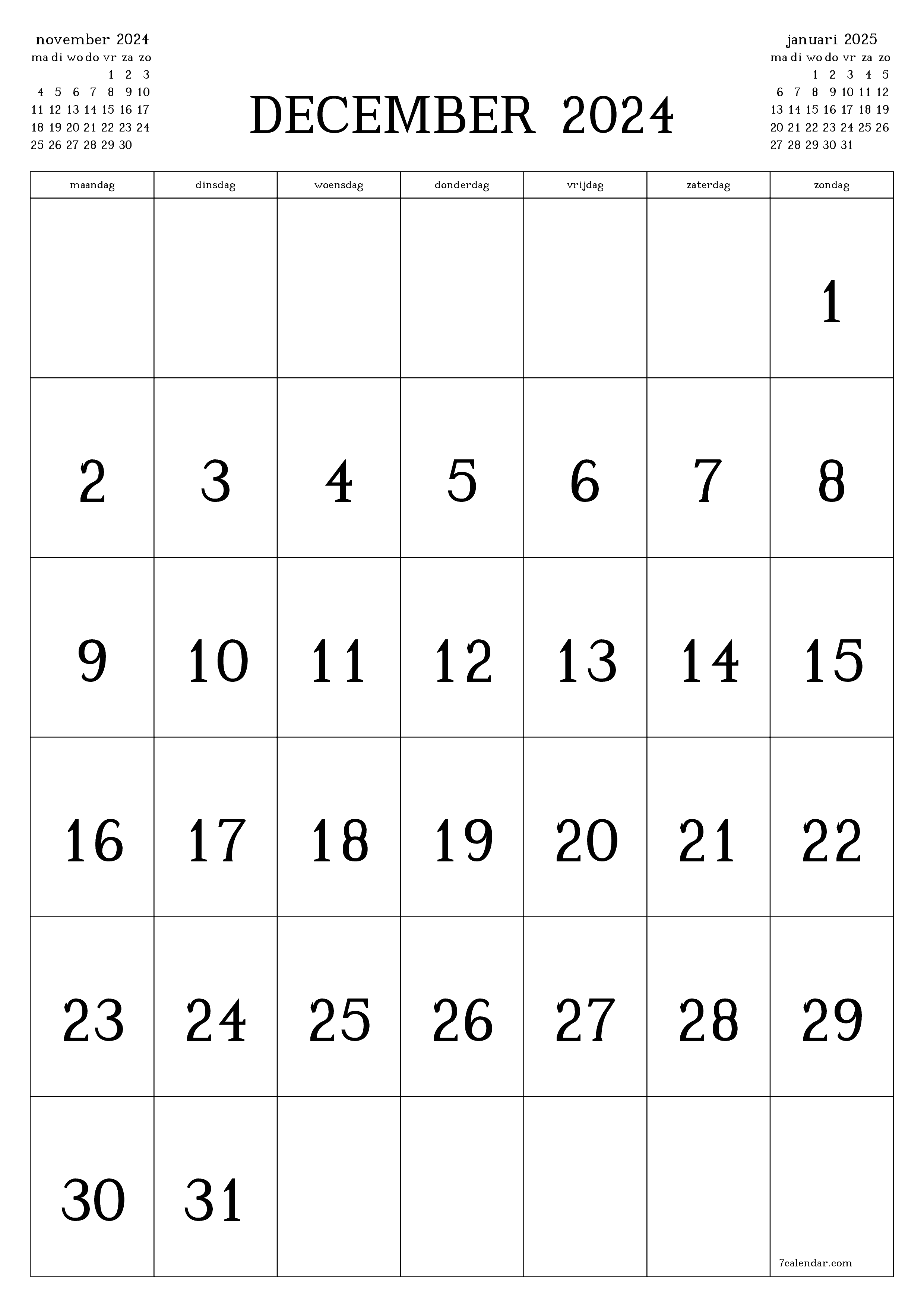 Lege maandplanner voor maand december 2024 met notities, opslaan en afdrukken naar pdf PNG Dutch