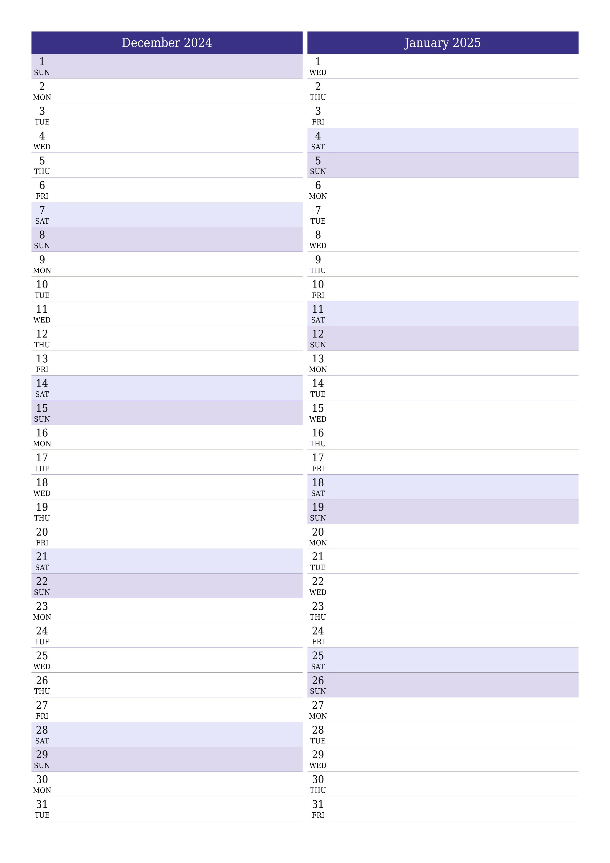 Blank calendar December 2024