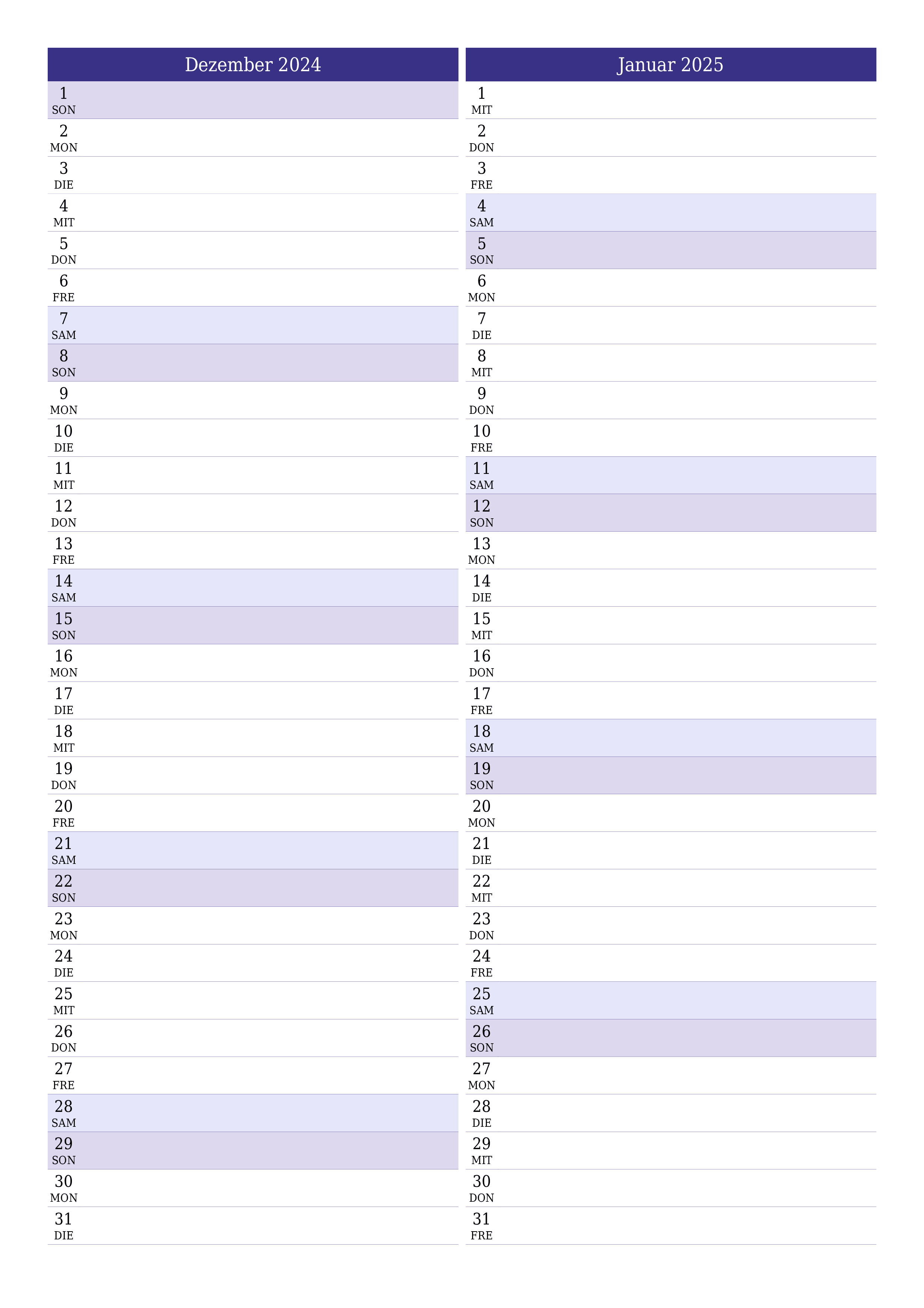 Monatsplaner für Monat Dezember 2024 mit Notizen leeren, speichern und als PDF PNG German - 7calendar.com drucken