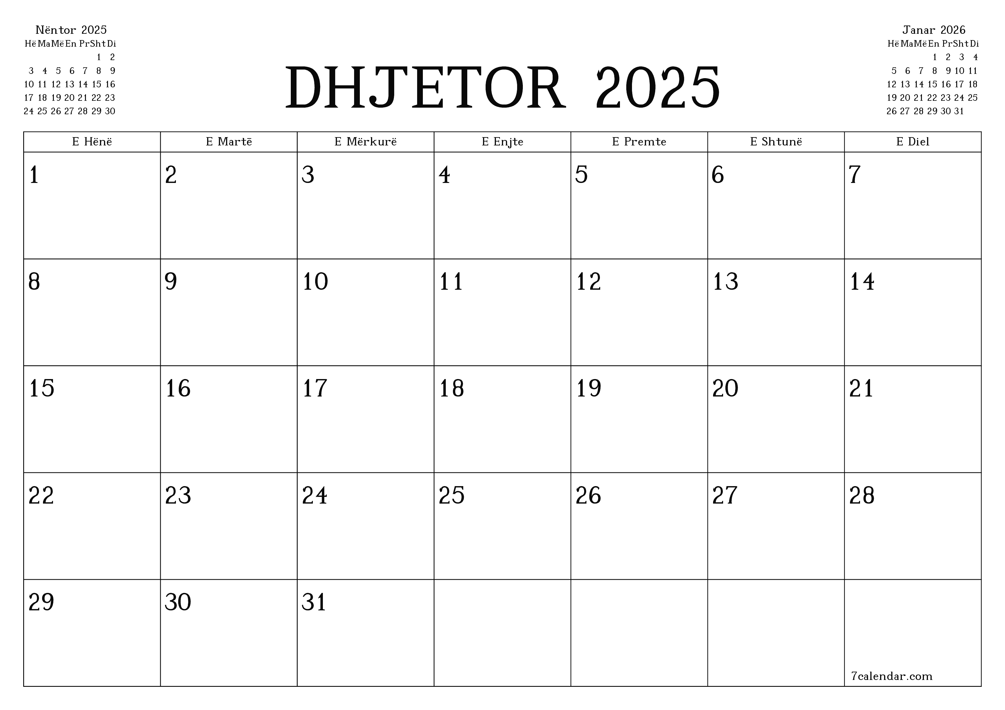 Planifikuesi i zbrazët i kalendarit mujor për muajin Dhjetor 2025 me shënime të ruajtura dhe të printuara në PDF PNG Albanian