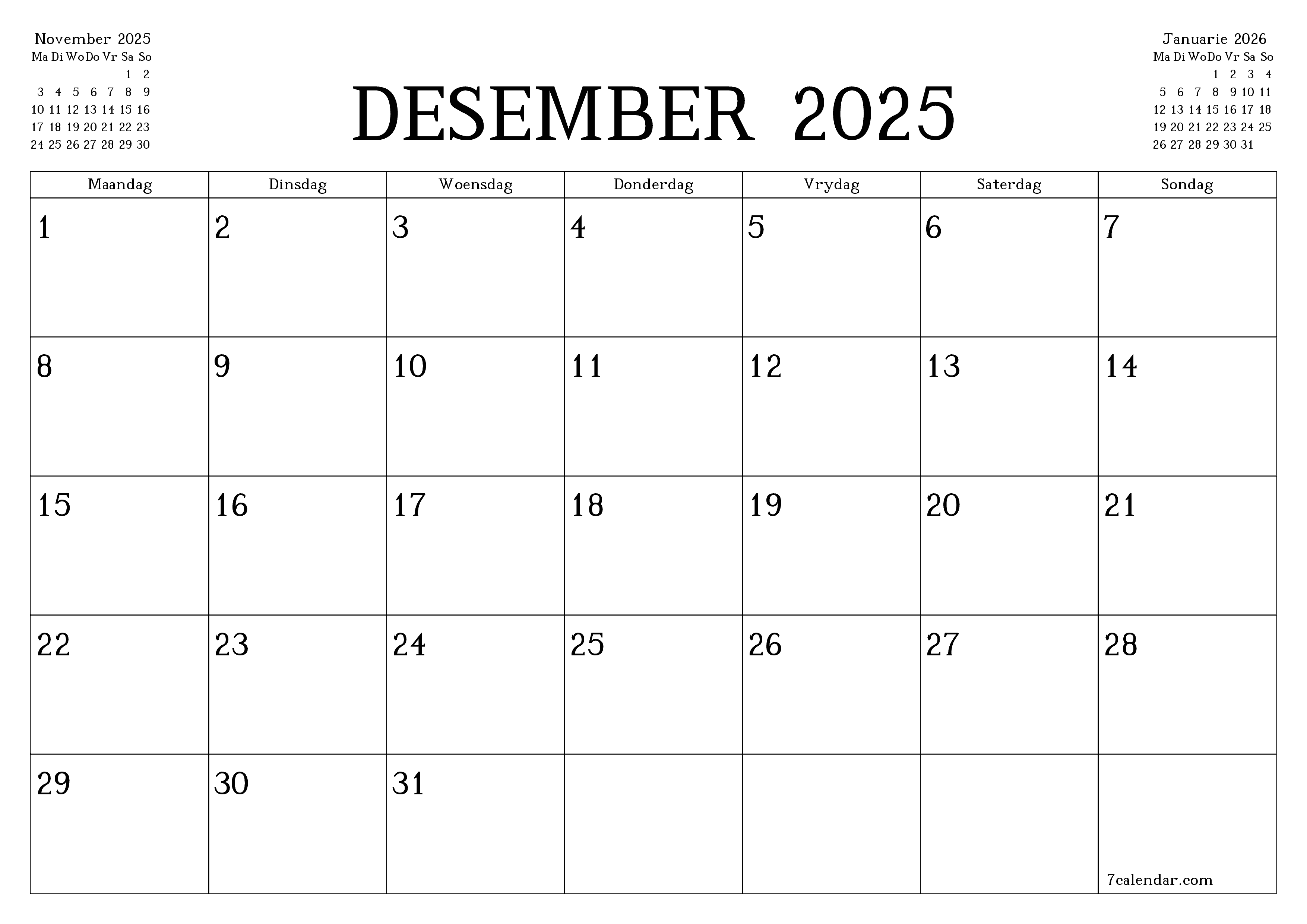 Leë maandelikse drukbare kalender en beplanner vir maand Desember 2025 met notas stoor en druk na PDF PNG Afrikaans