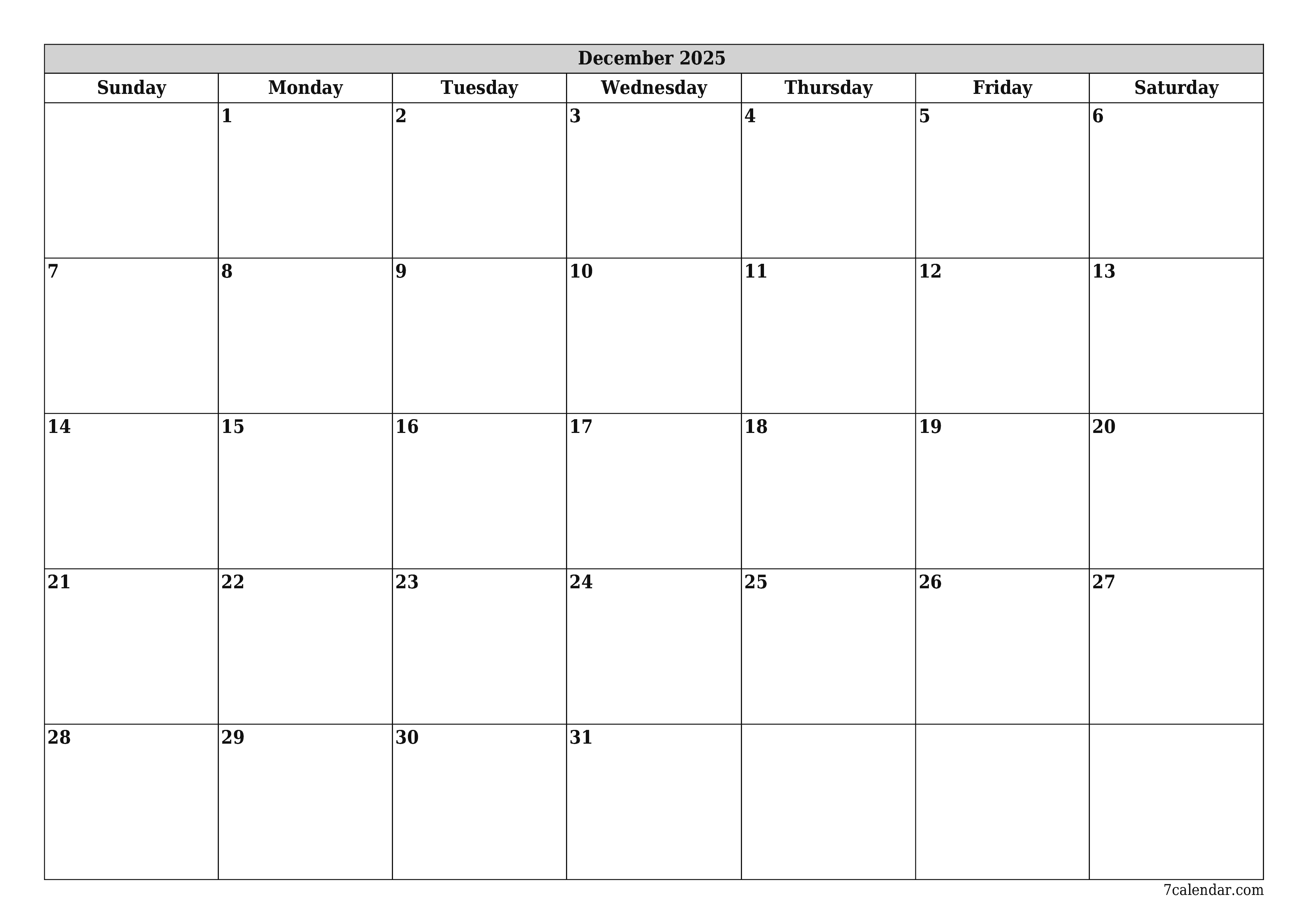 Blank monthly printable calendar and planner for month December 2025 with notes save and print to PDF PNG English