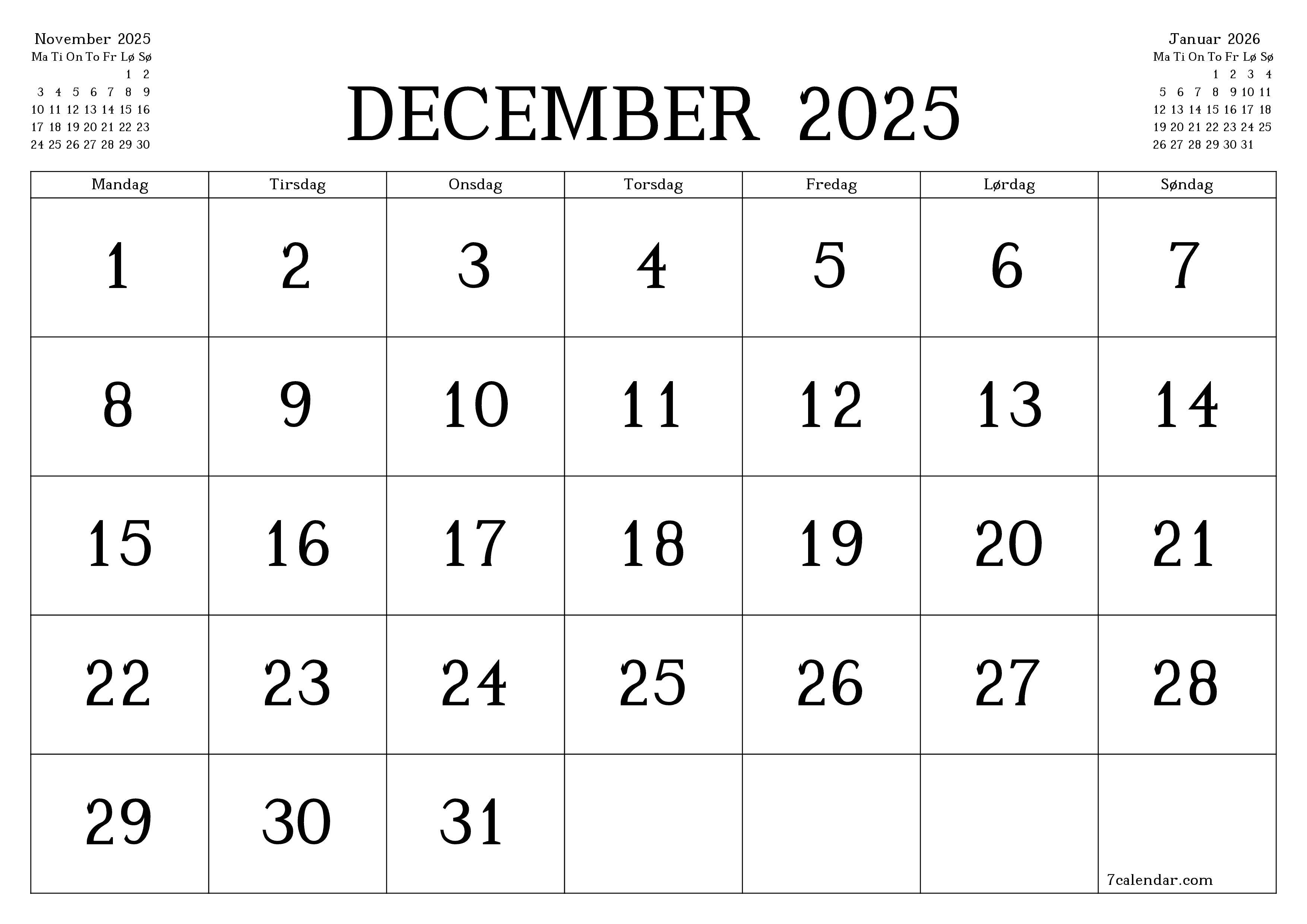 Tom månedlig planlægning for måned December 2025 med noter, gem og udskriv til PDF PNG Danish