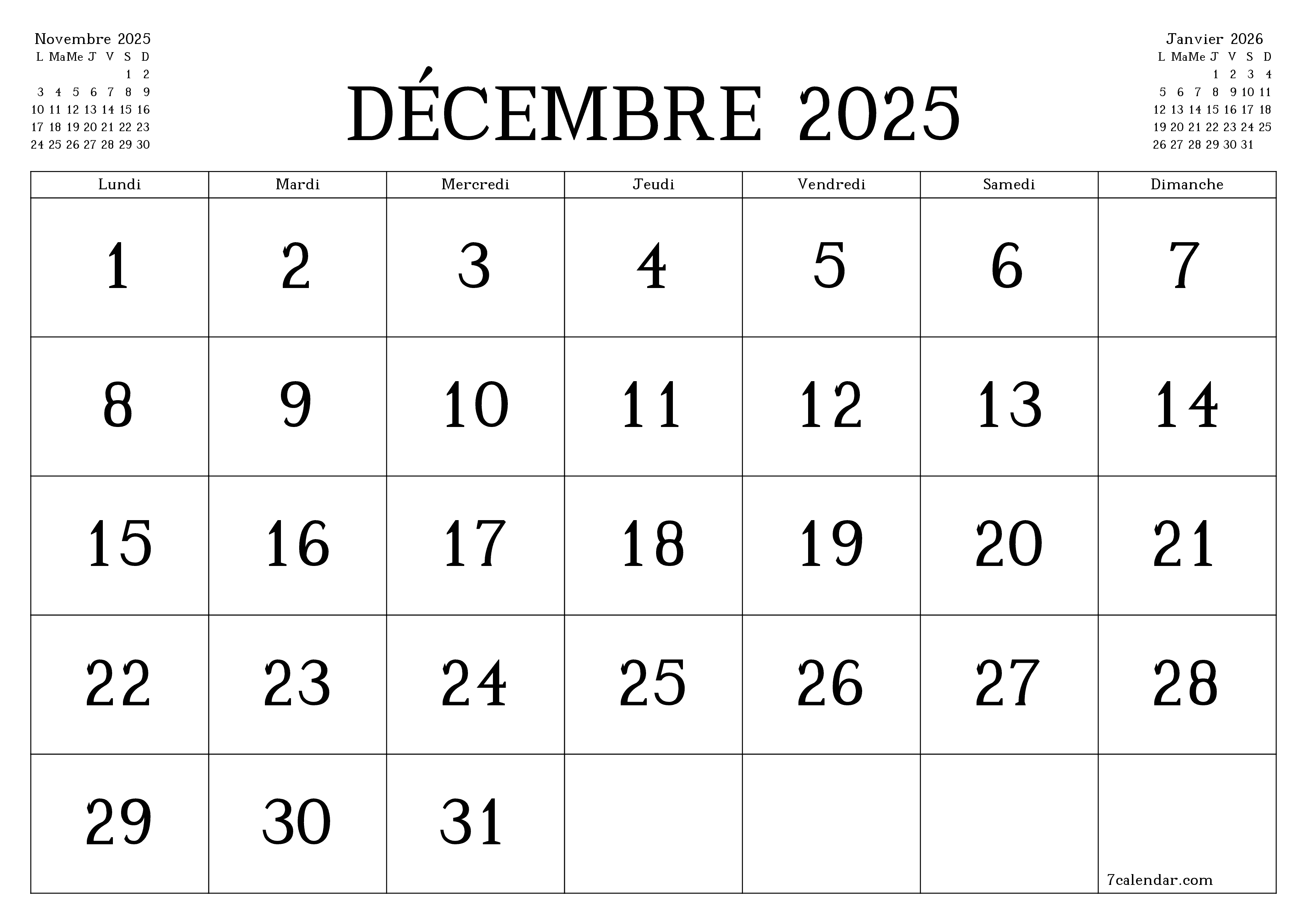 Agenda mensuel vide pour le mois Décembre 2025 avec notes, enregistrez et imprimez au format PDF PNG French