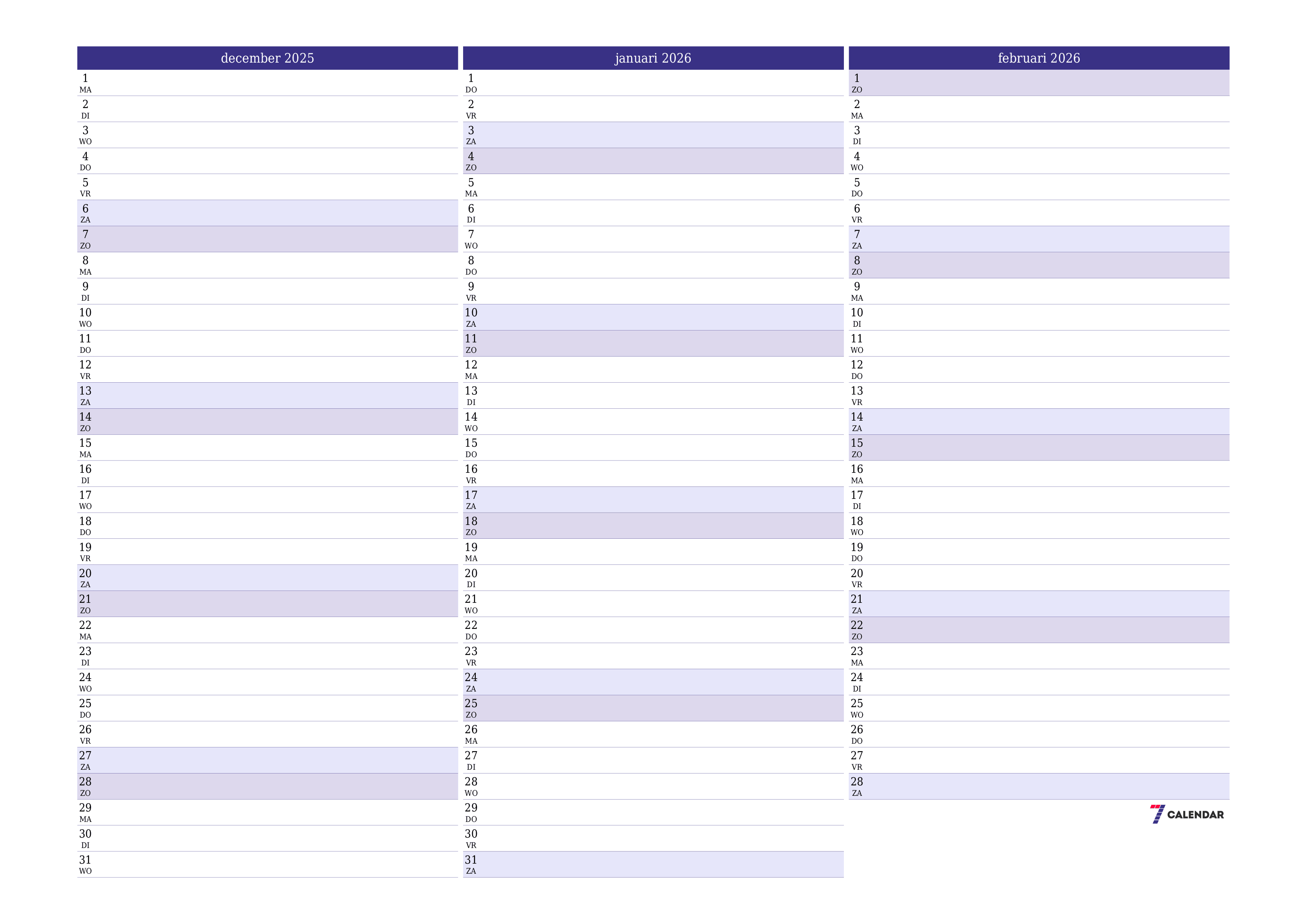 Lege maandplanner voor maand december 2025 met notities, opslaan en afdrukken naar pdf PNG Dutch