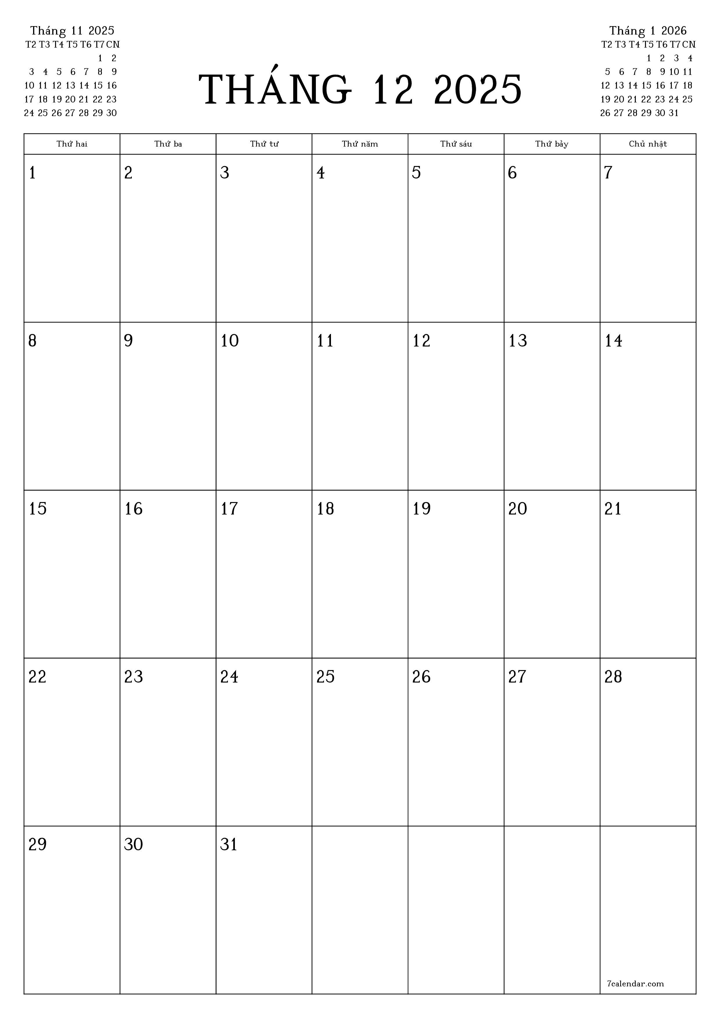 Công cụ lập kế hoạch hàng tháng trống cho tháng Tháng 12 2025 có ghi chú, lưu và in sang PDF PNG Vietnamese