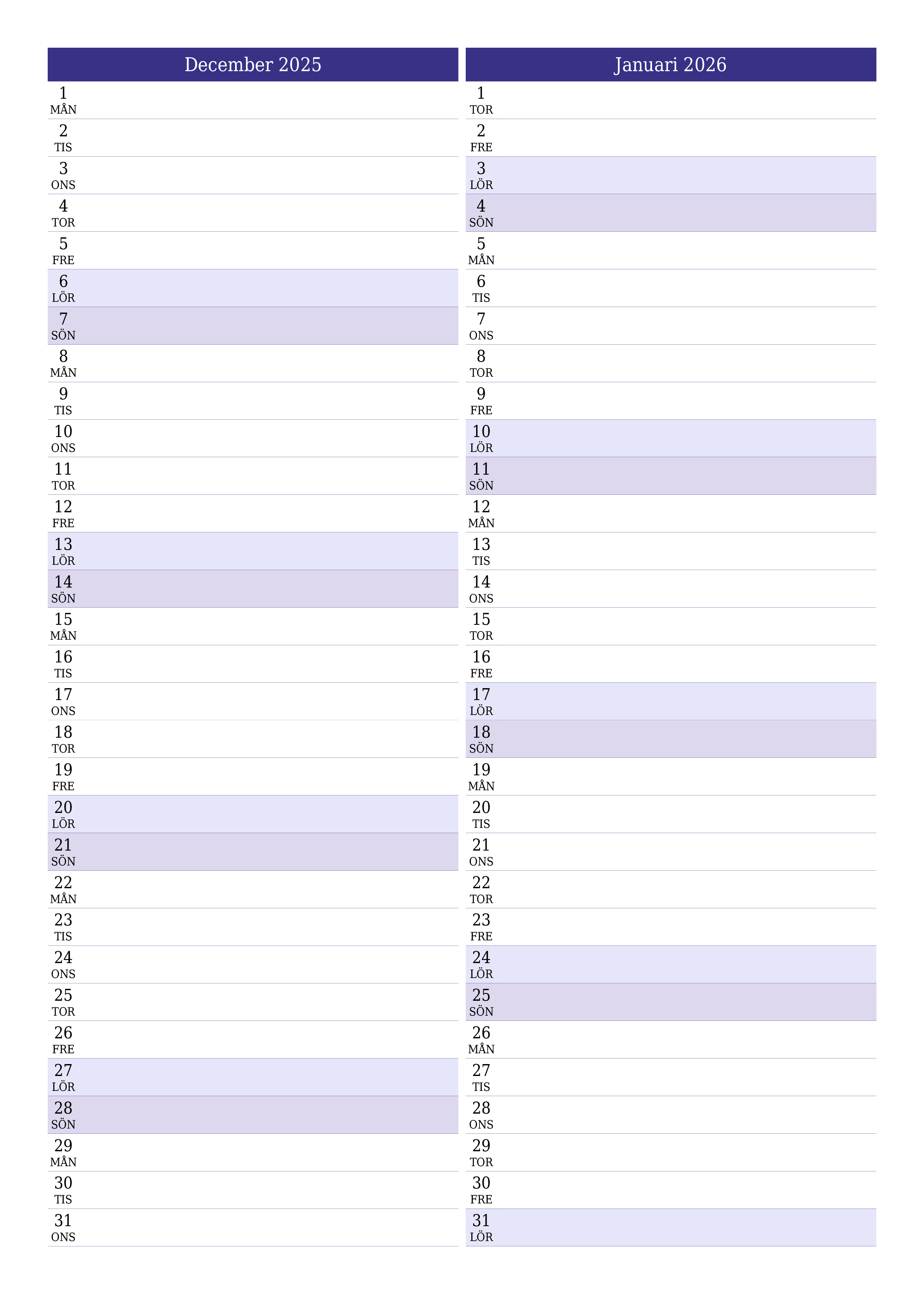 Tom månadsplanerare för månad December 2025 med anteckningar, spara och skriv ut till PDF PNG Swedish