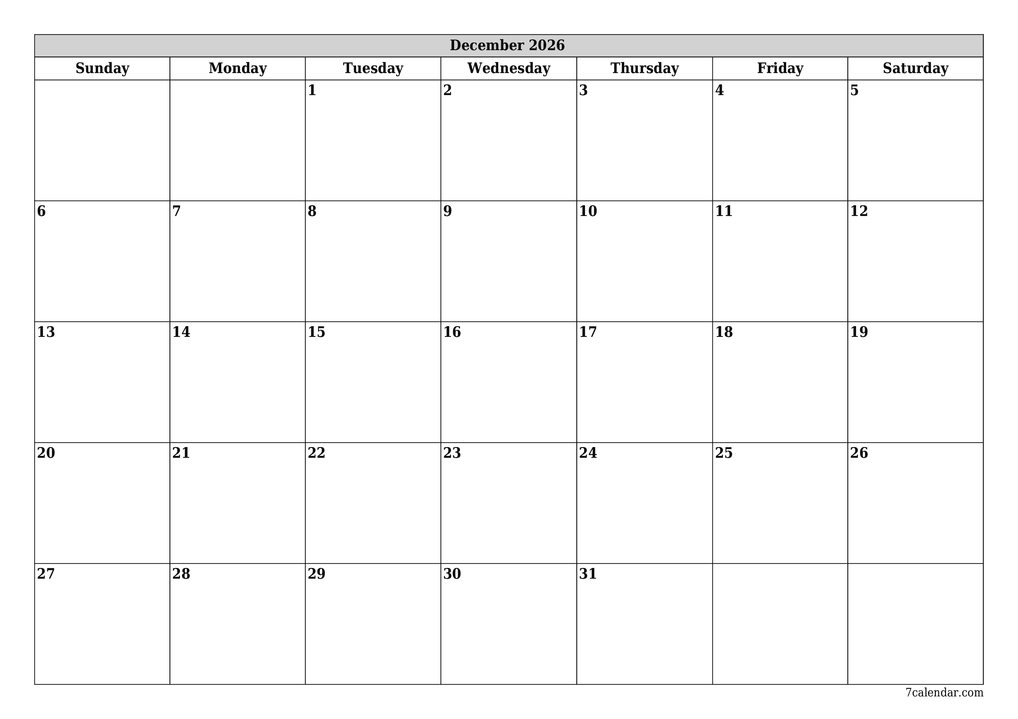 Blank monthly printable calendar and planner for month December 2026 with notes save and print to PDF PNG English