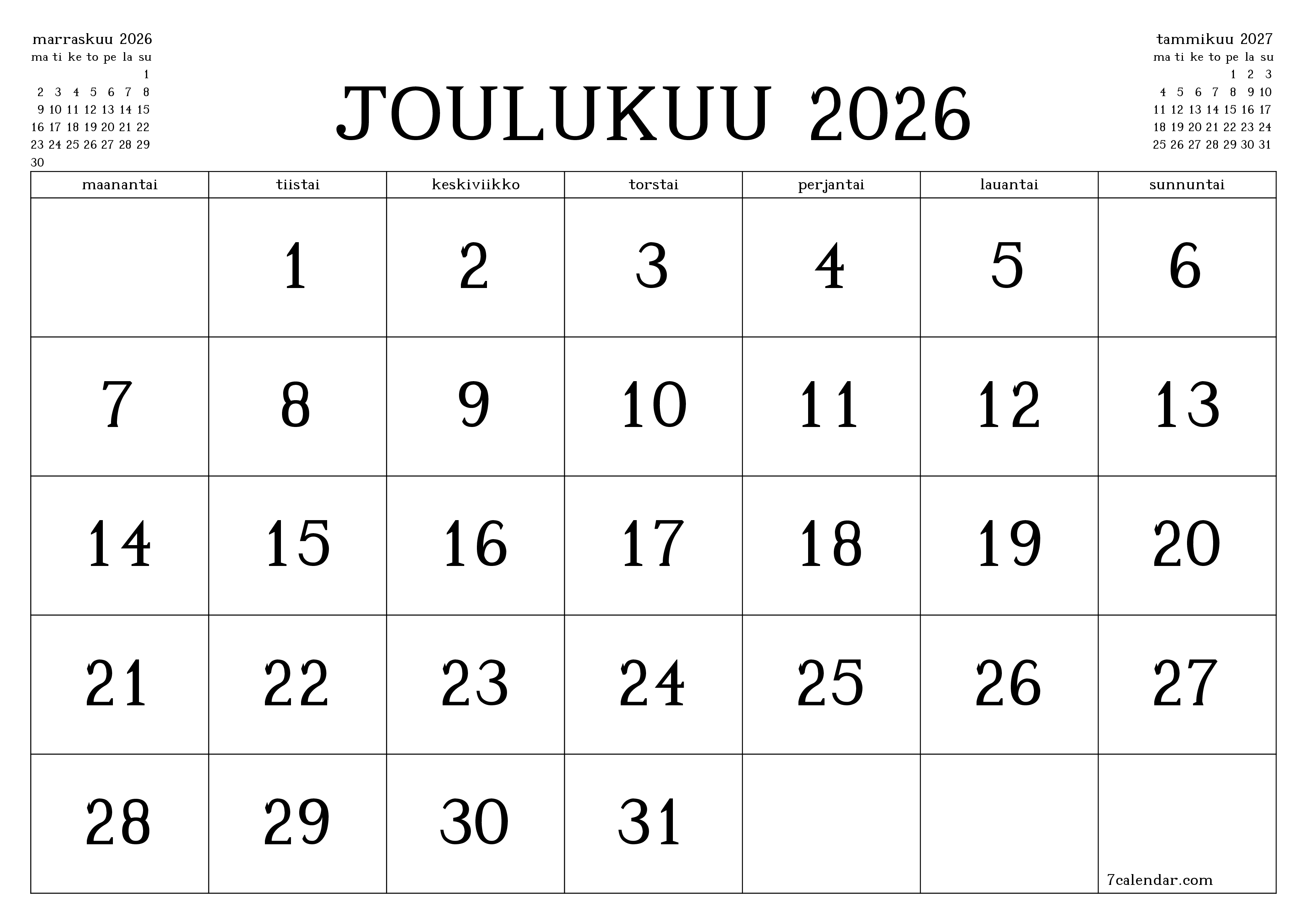 Tyhjennä kuukausittainen suunnittelija kuukaudelle Joulukuu 2026 muistiinpanoilla, tallenna ja tulosta PDF-muotoon PNG Finnish