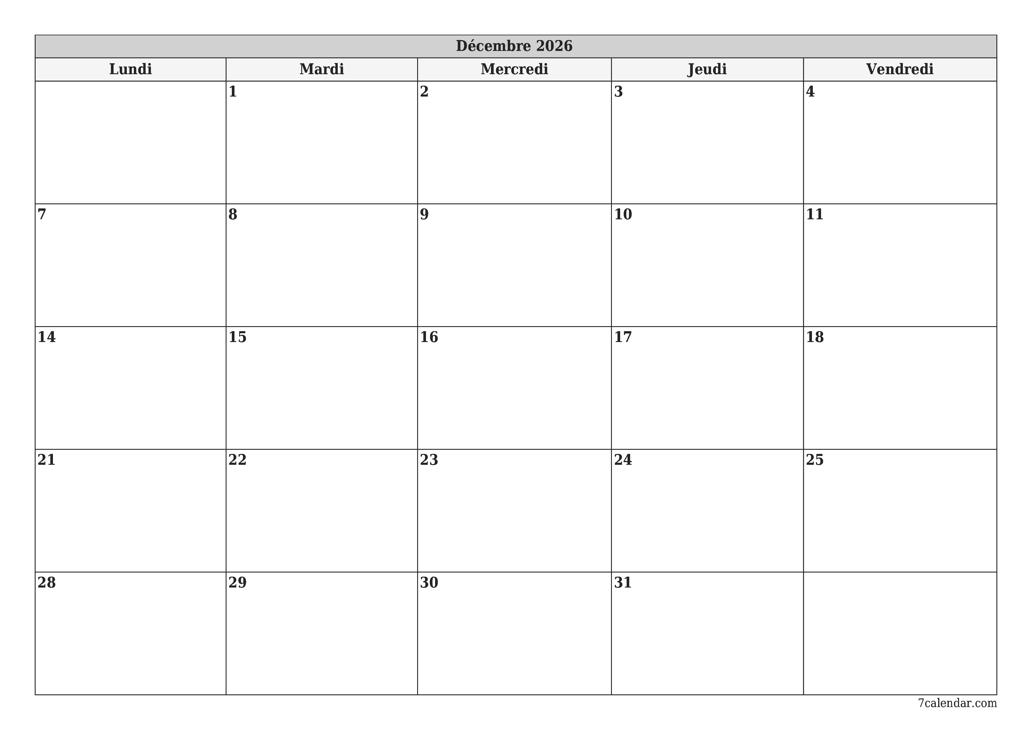 Agenda mensuel vide pour le mois Décembre 2026 avec notes, enregistrez et imprimez au format PDF PNG French