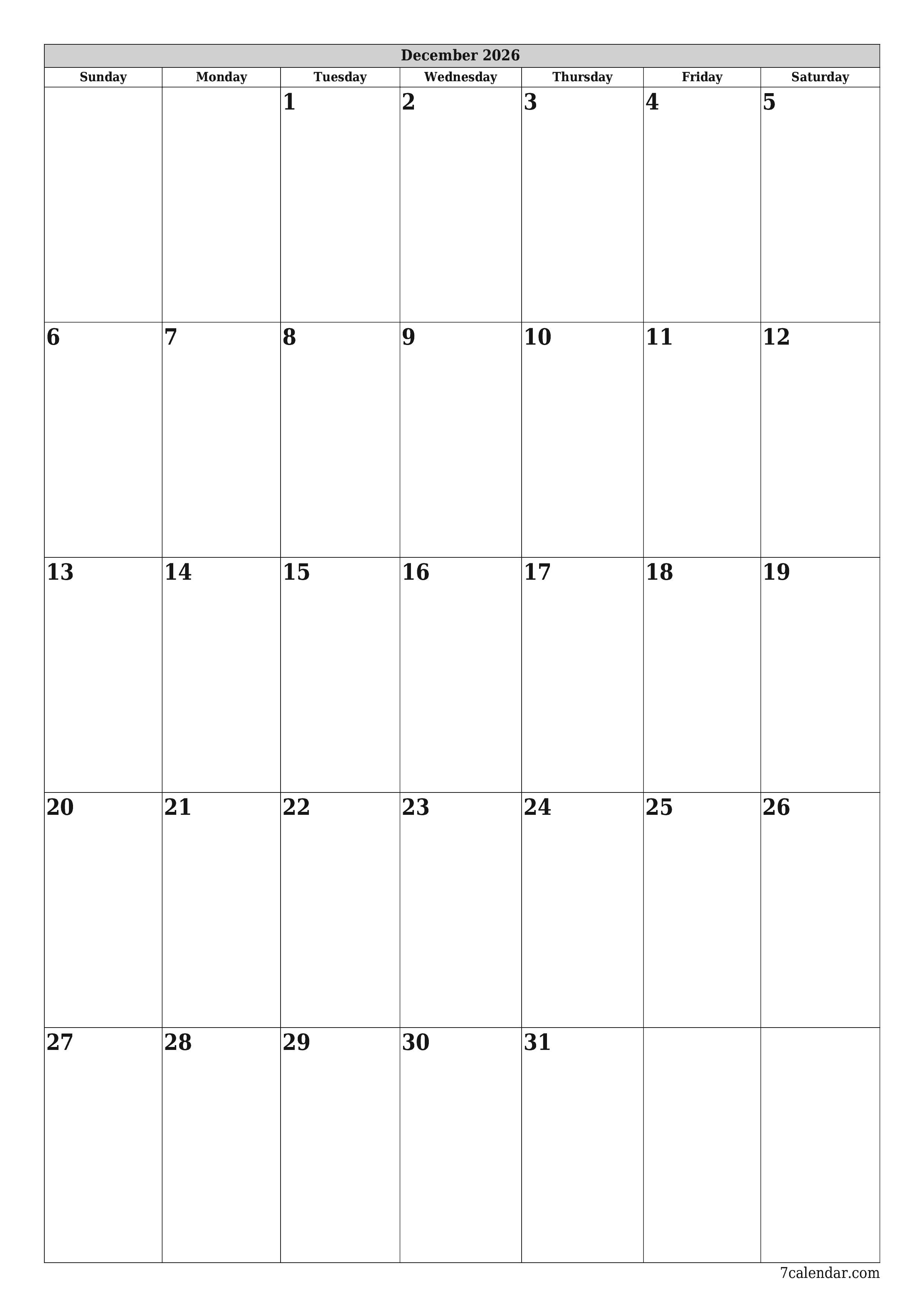 Blank calendar December 2026