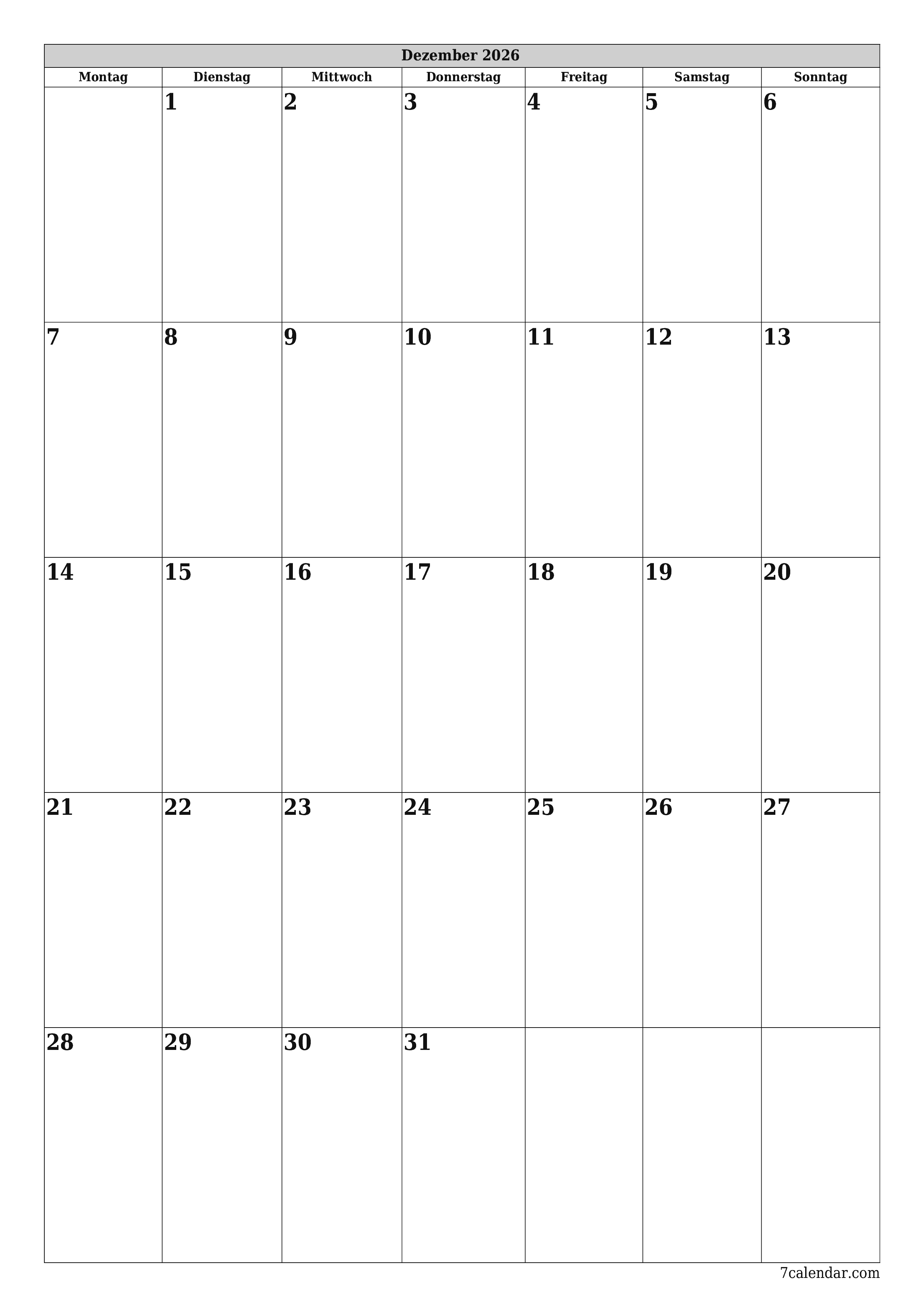  zum Ausdrucken Wandkalender vorlage kostenloser vertikal Monatlich Planer Kalender Dezember (Dez) 2026