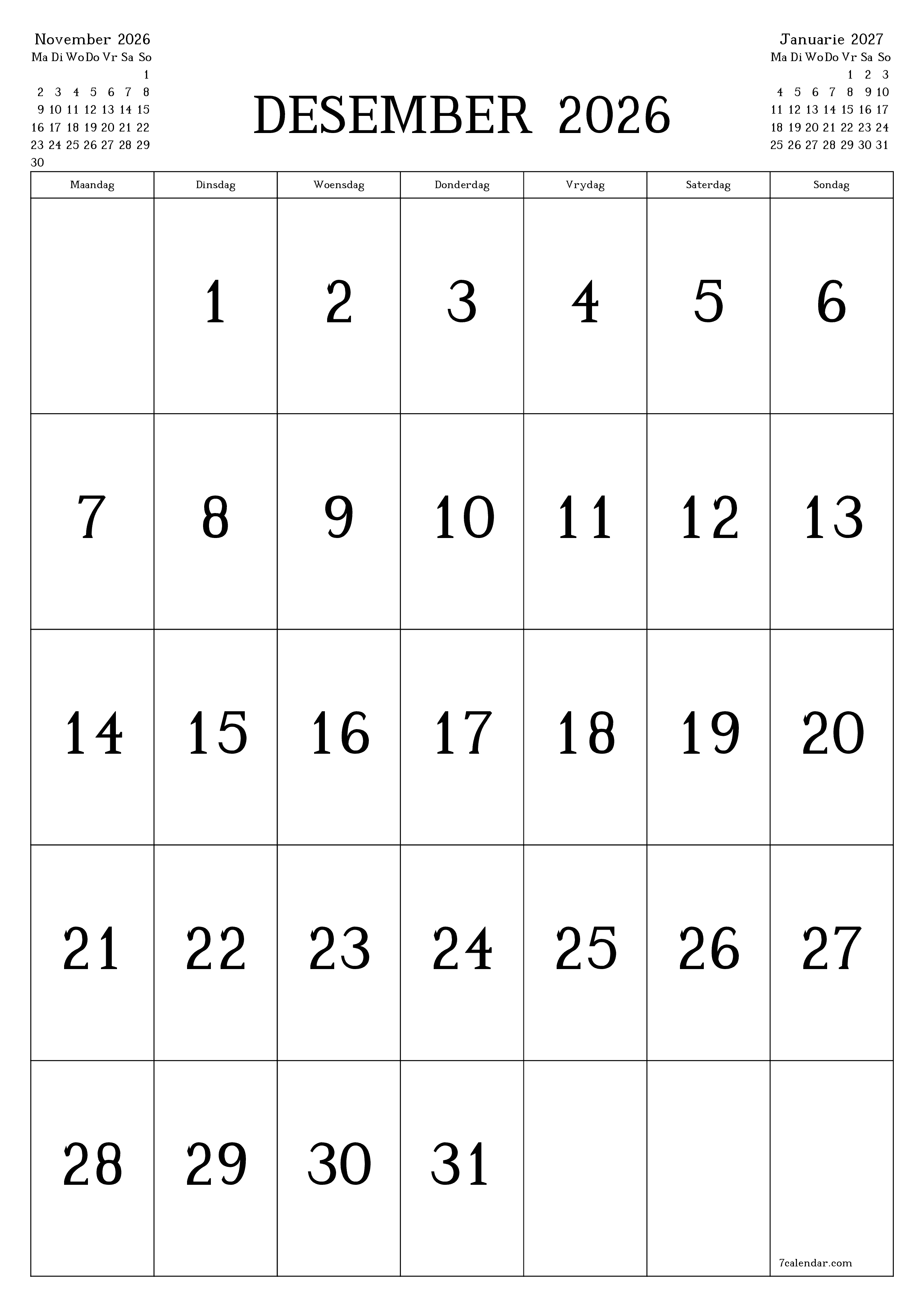 Leë maandelikse drukbare kalender en beplanner vir maand Desember 2026 met notas stoor en druk na PDF PNG Afrikaans